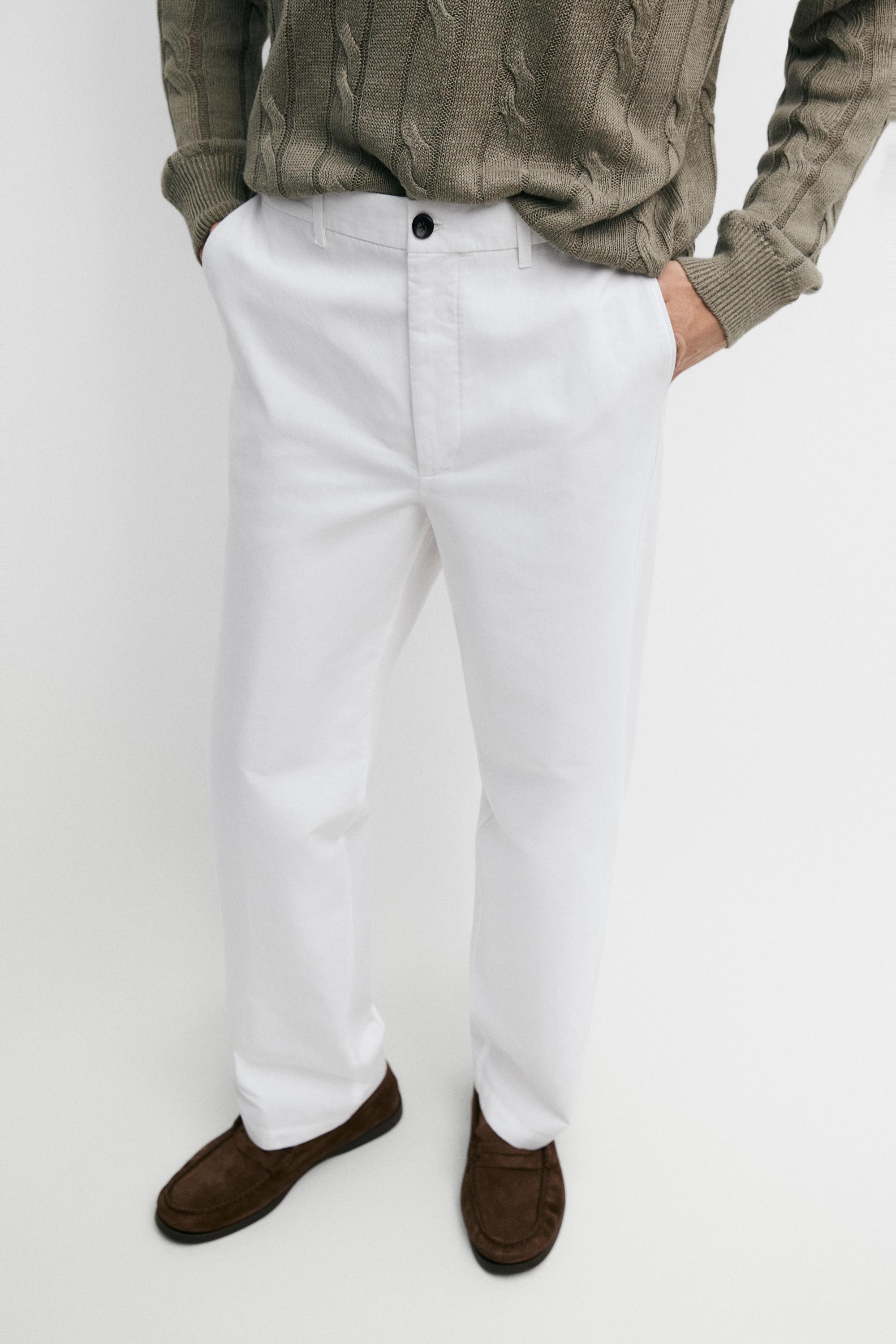 Cotton and linen barrel fit poplin trousers — WHITE