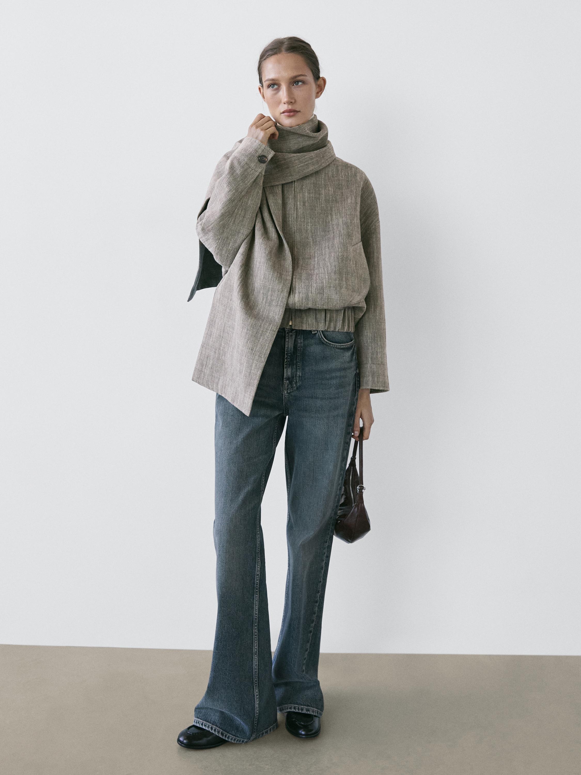 Flecked bomber jacket with scarf — GREY