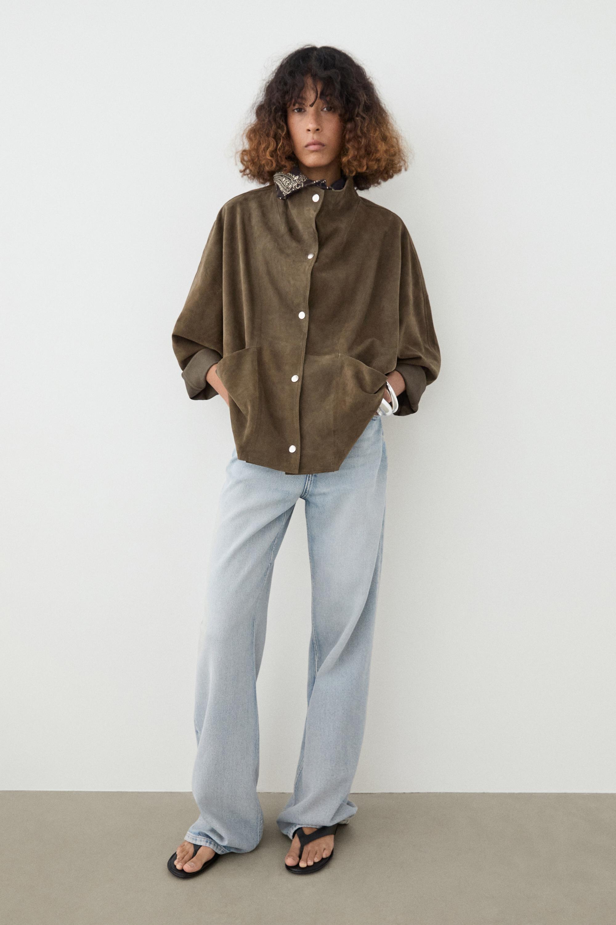Suede leather high neck jacket — KHAKI