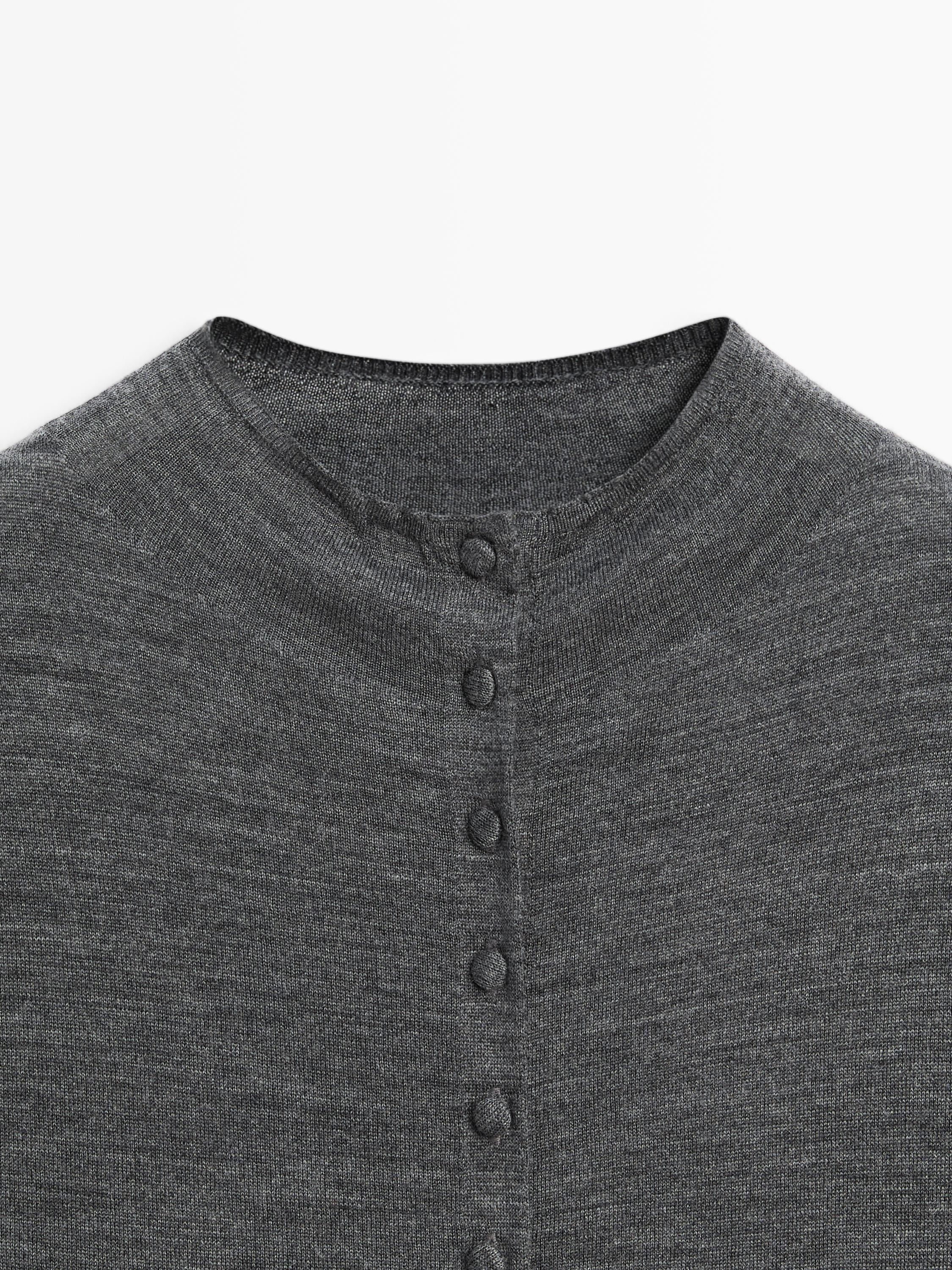 Mock turtleneck cardigan with covered buttons — MEDIUM GREY
