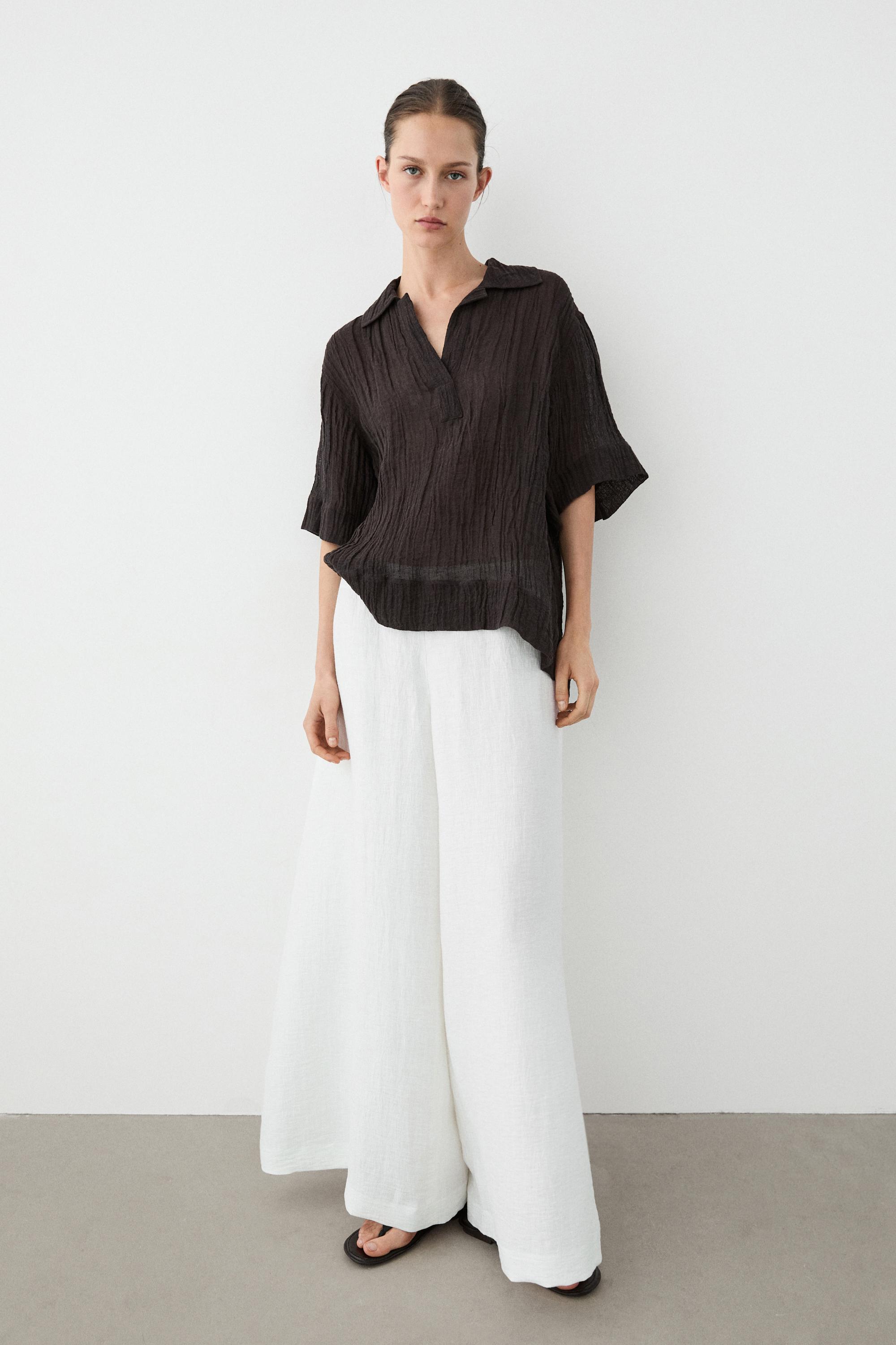 Flowing linen blend polo blouse — BROWN