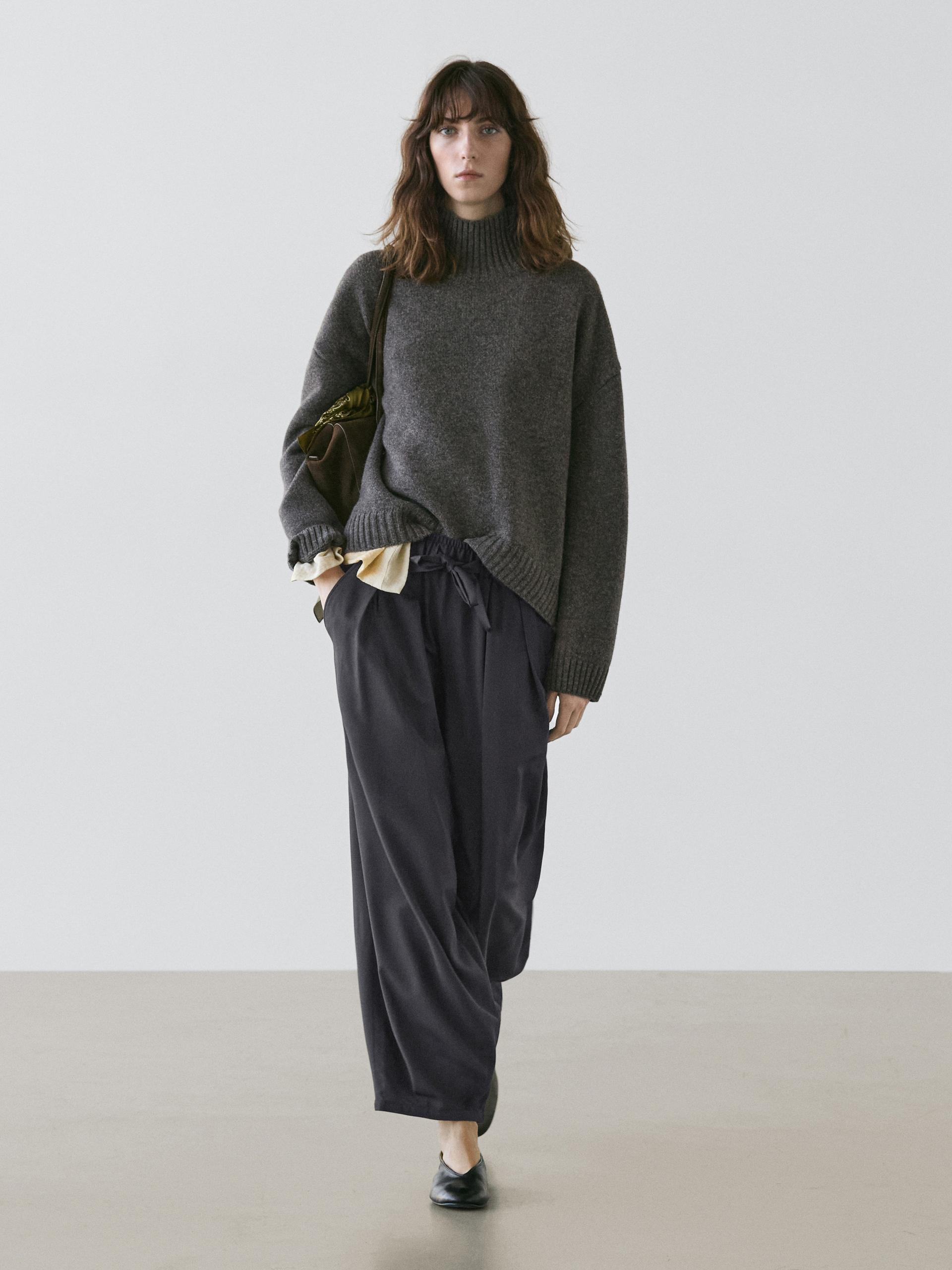 Pull À Col Roulé 100 % Laine - Gris Anthracite - L - Massimo Dutti - Femme