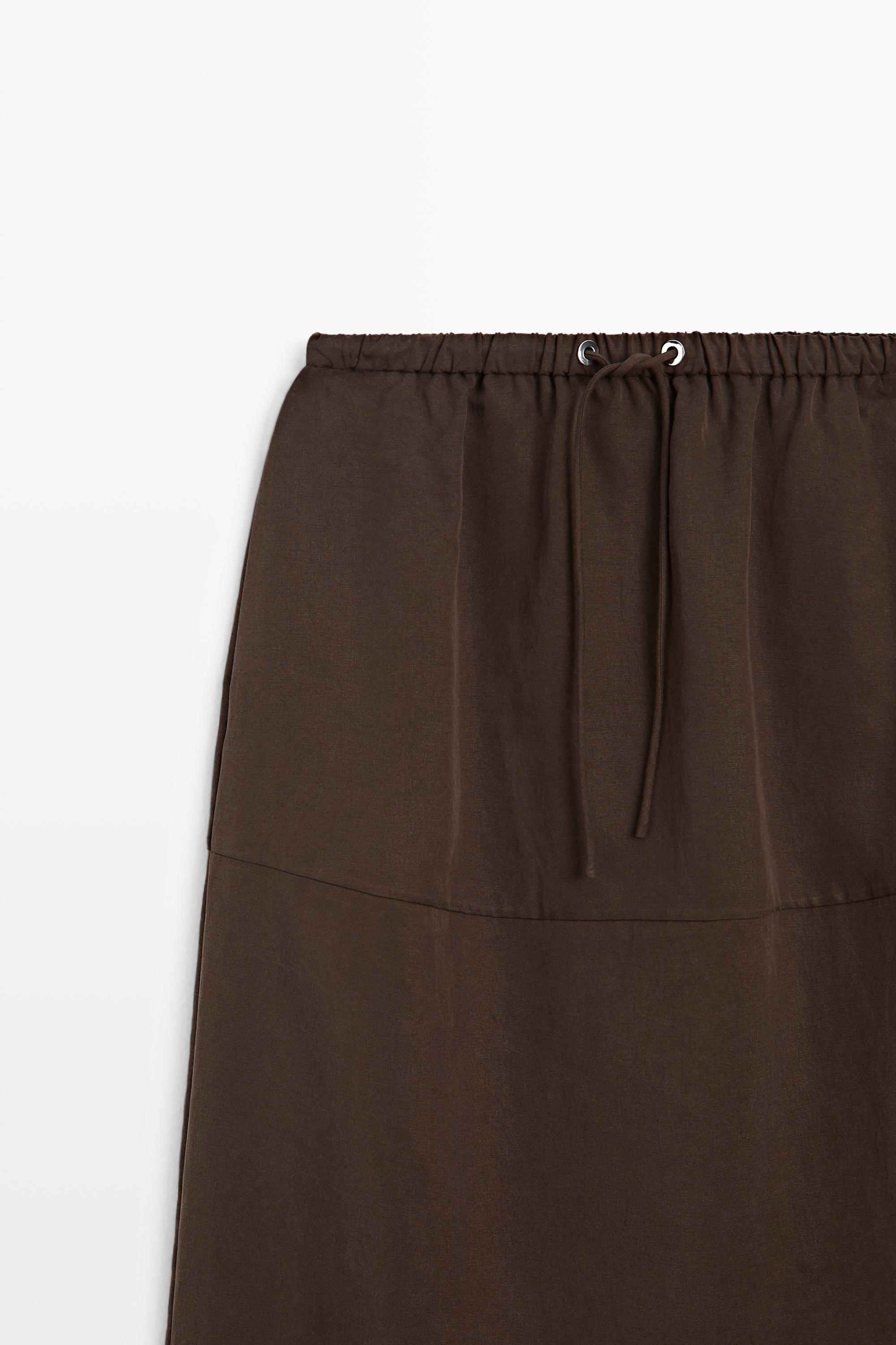 Flowing midi skirt with drawstring — BROWN