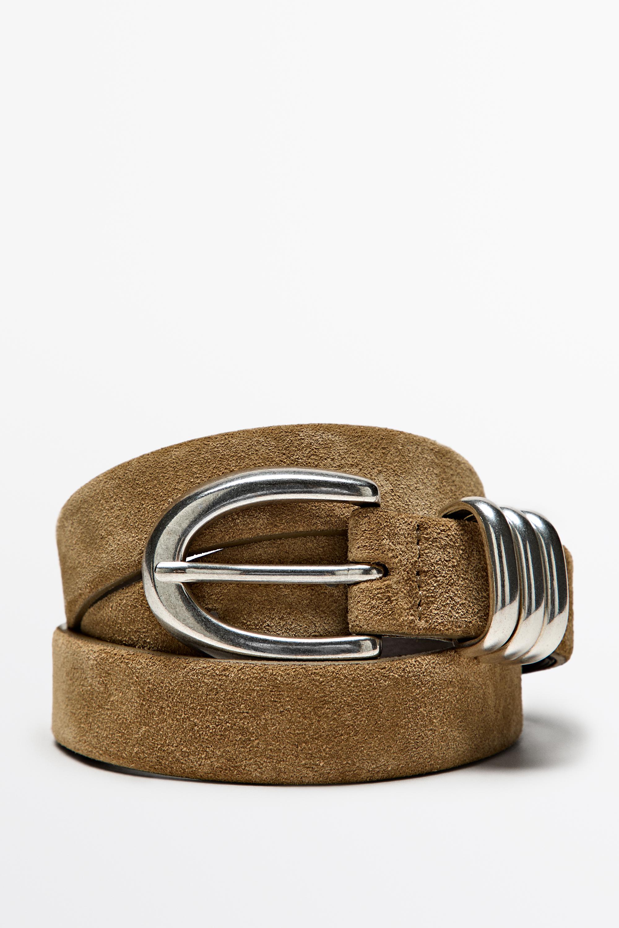 Split suede leather belt with metal detail — SAND
