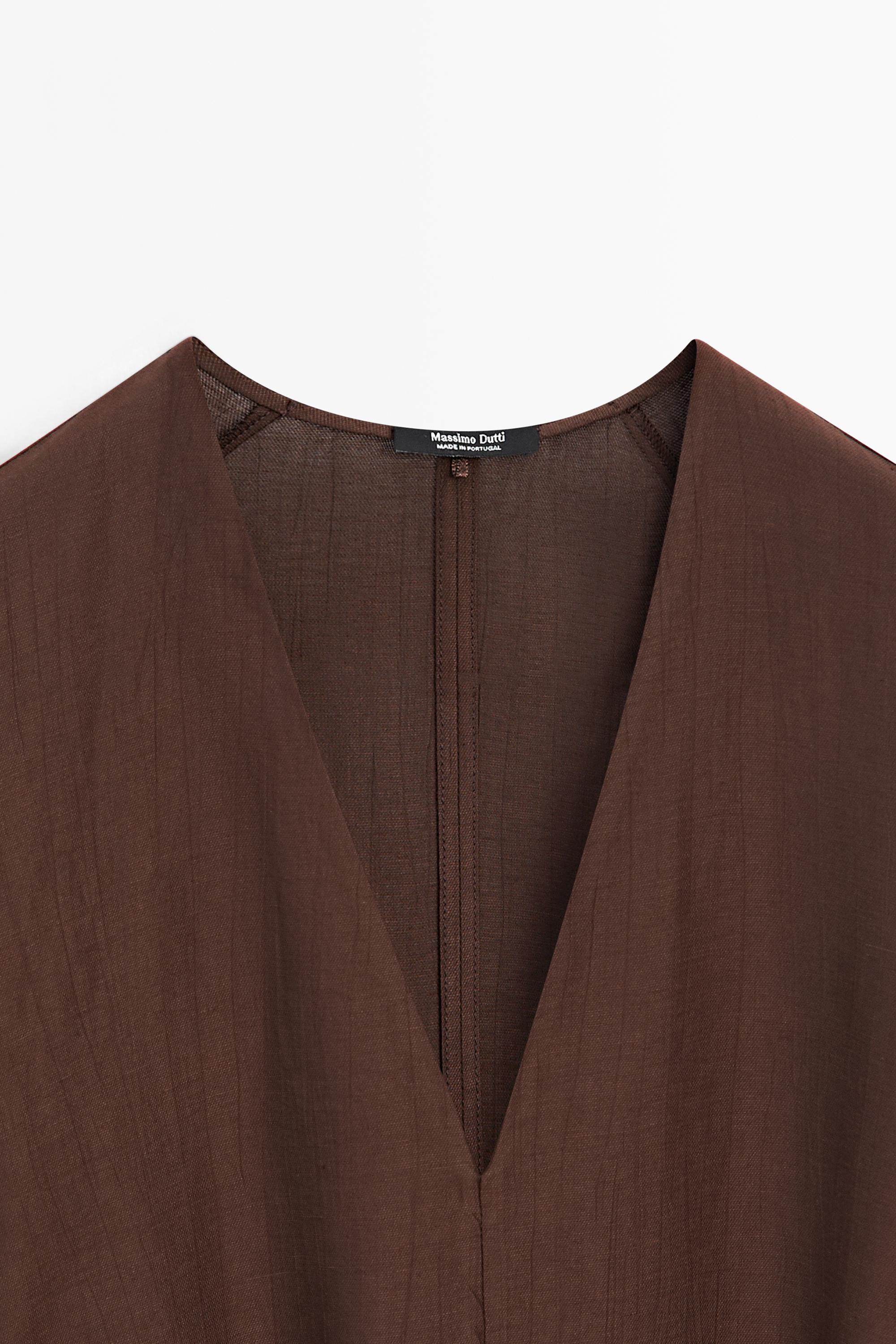 Flowing linen blend midi dress with belt — BROWN