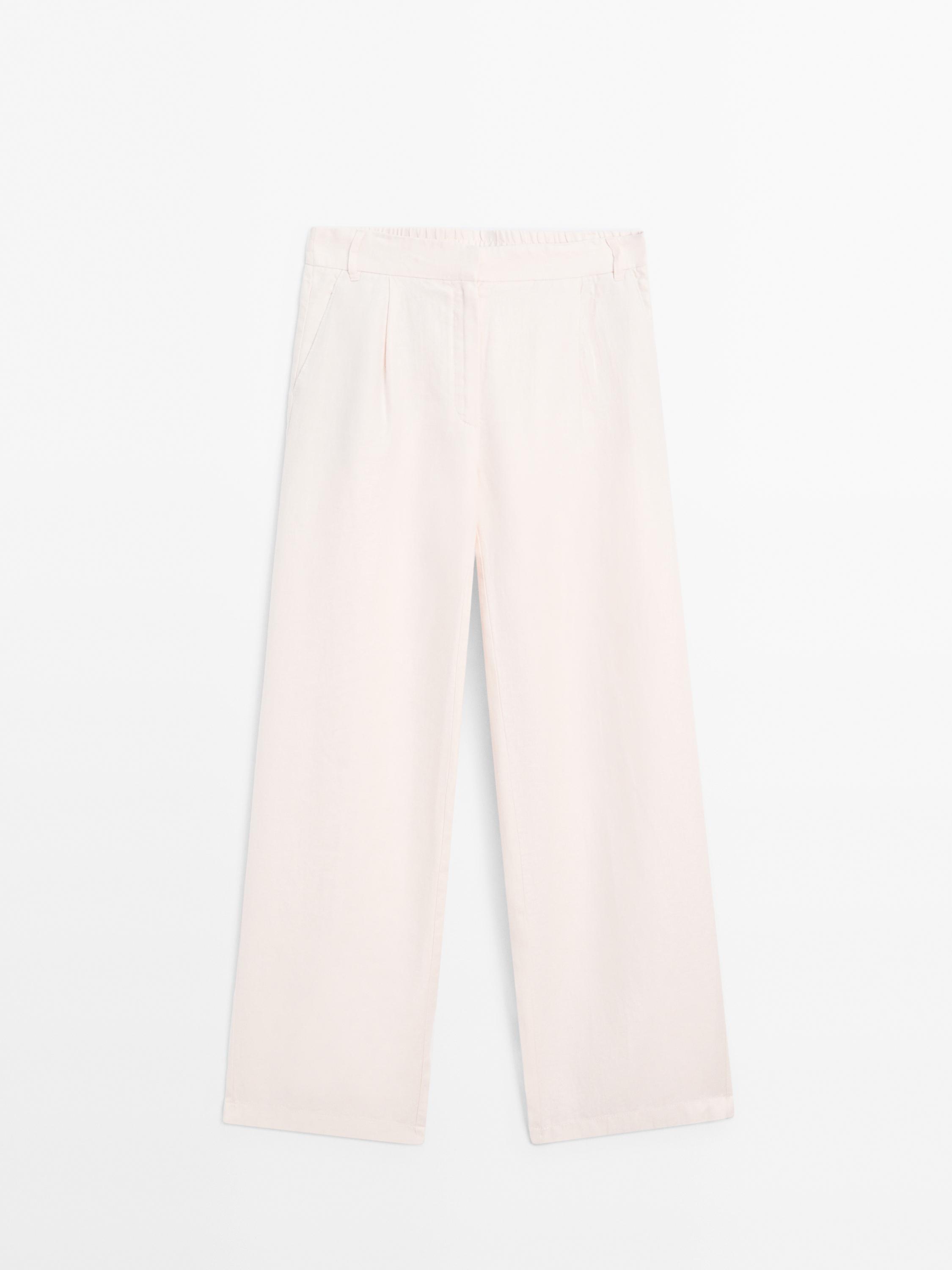 100% linen wide-leg elastic detail trousers