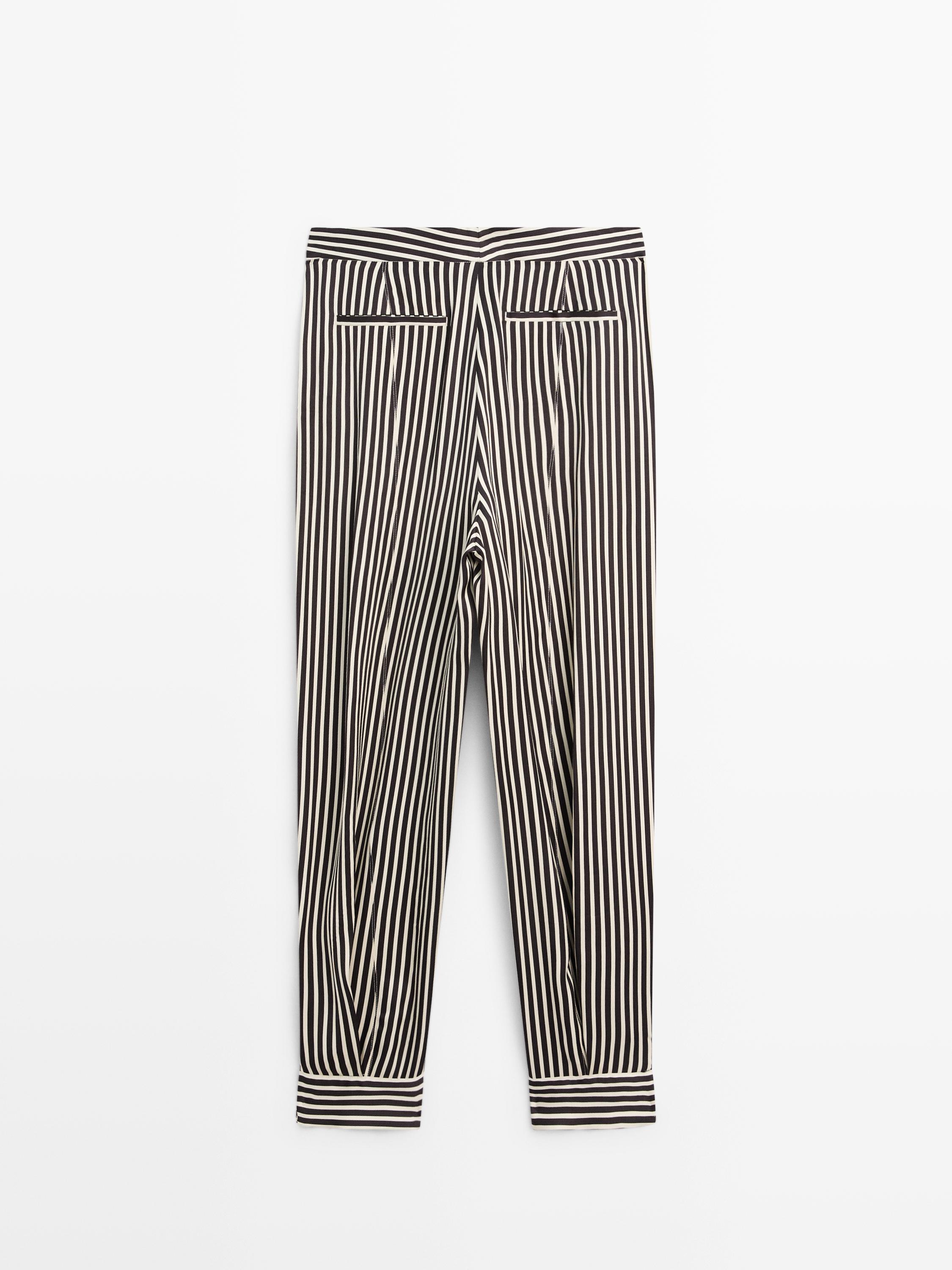 Striped draped pants with darts — BLACK AND WHITE