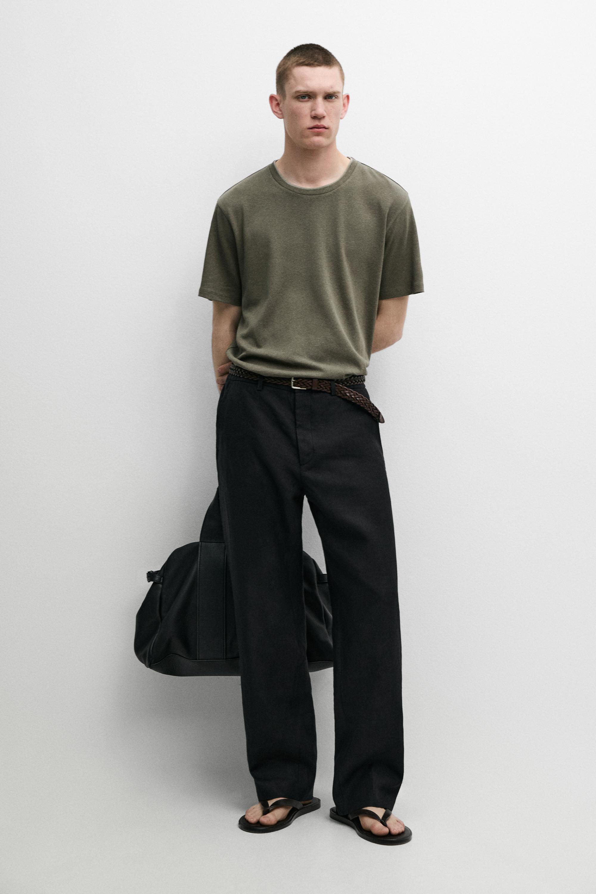 Linen and cotton double-collar T-shirt — KHAKI