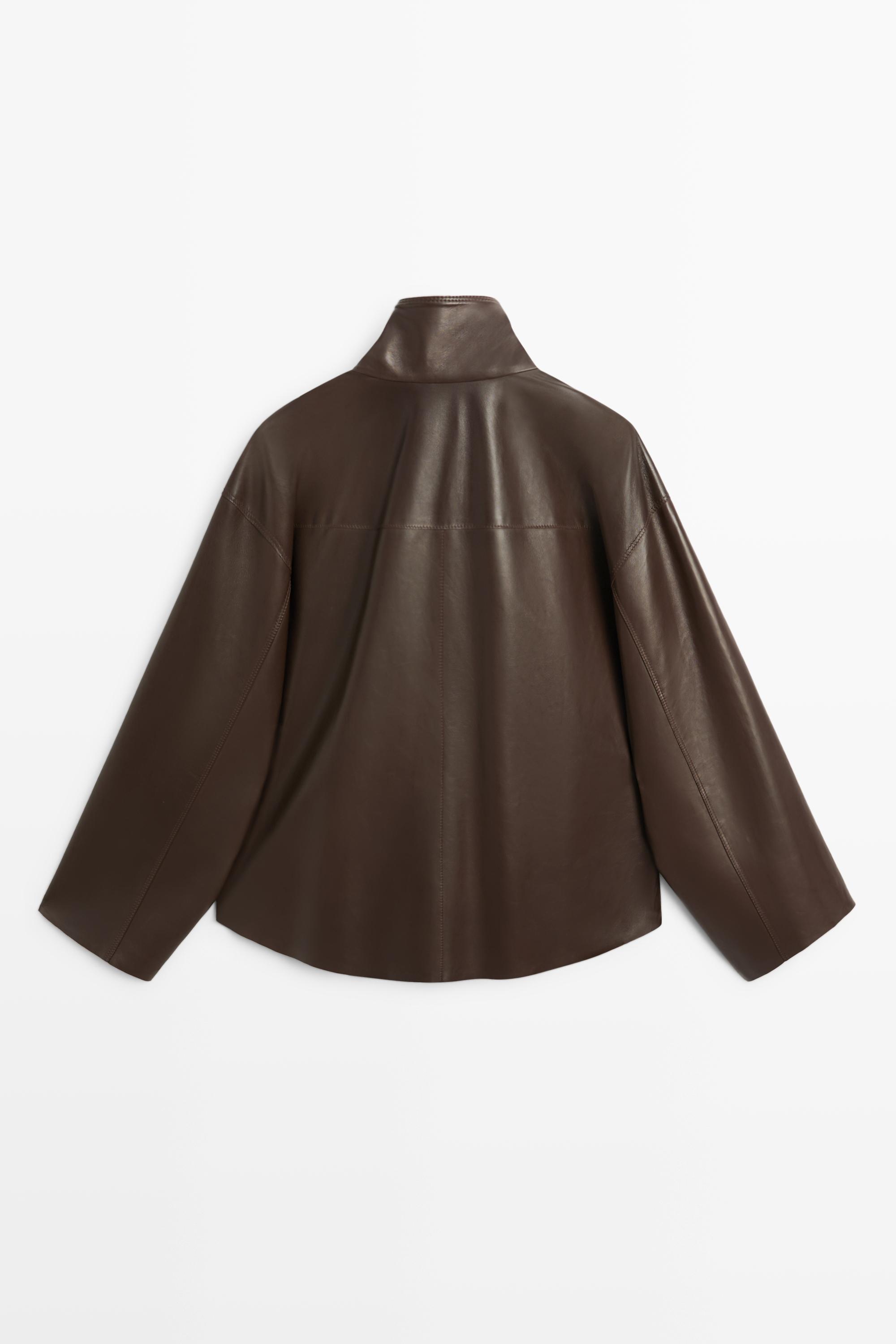 Nappa leather button-placket jacket — BROWN