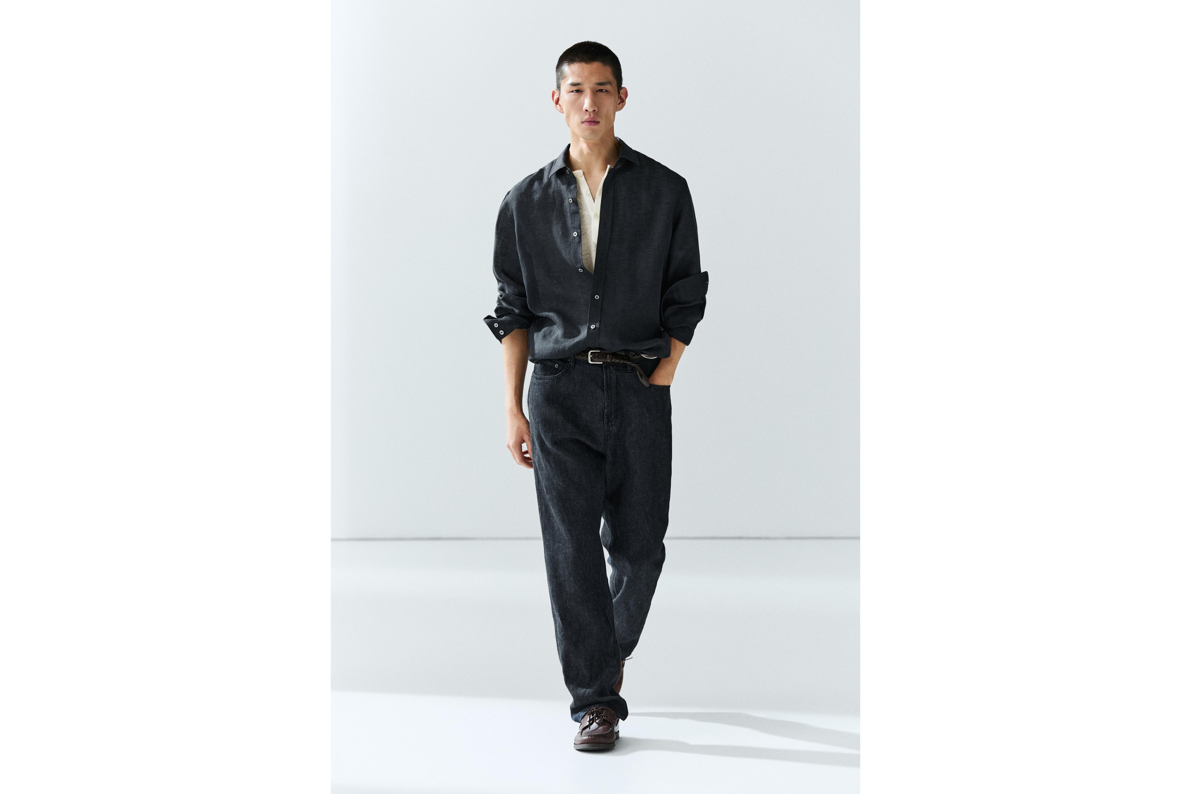 Regular fit 100% linen shirt — NAVY BLUE