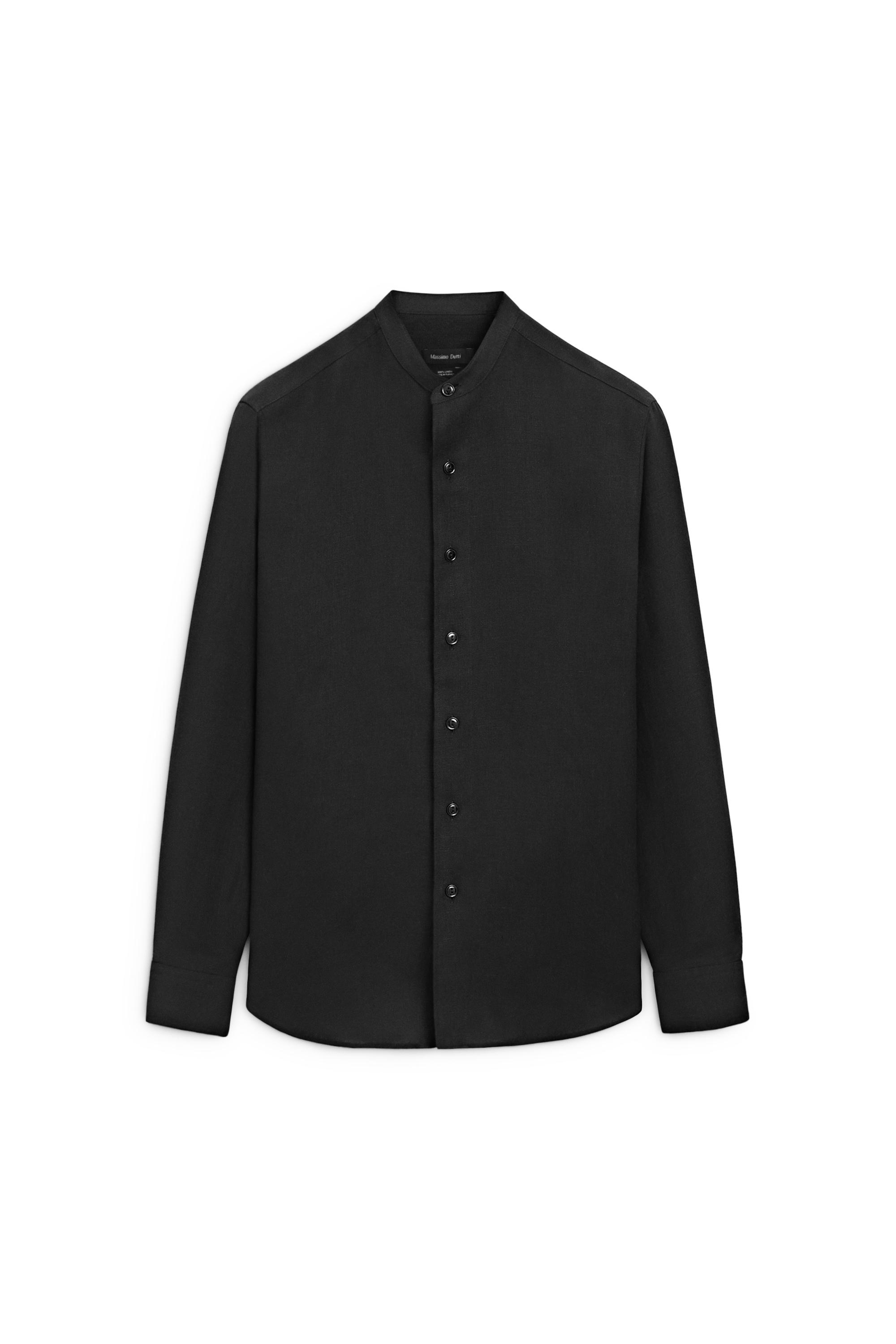 100% linen stand collar shirt — BLACK