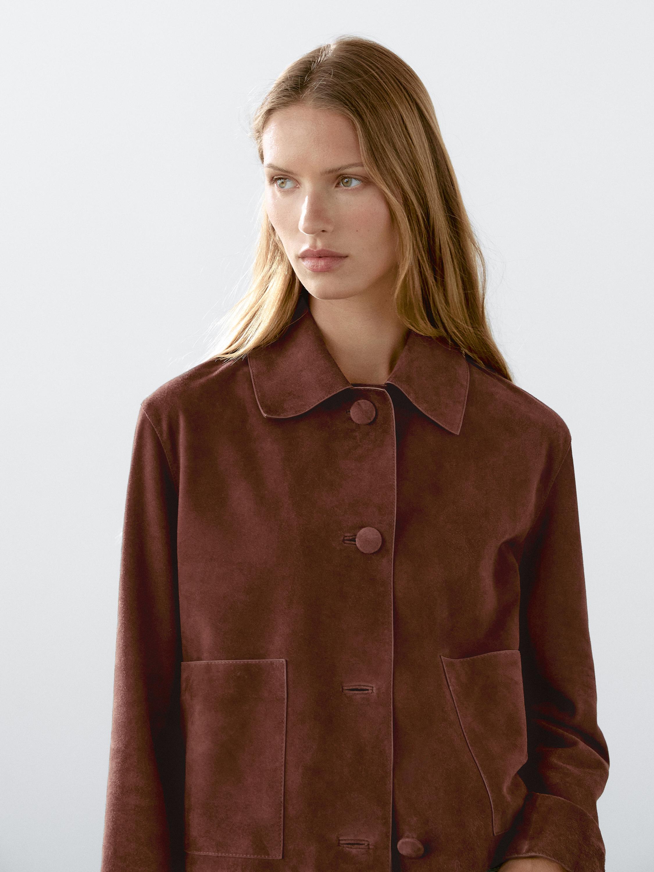 Cropped suede leather-lined jacket with buttons