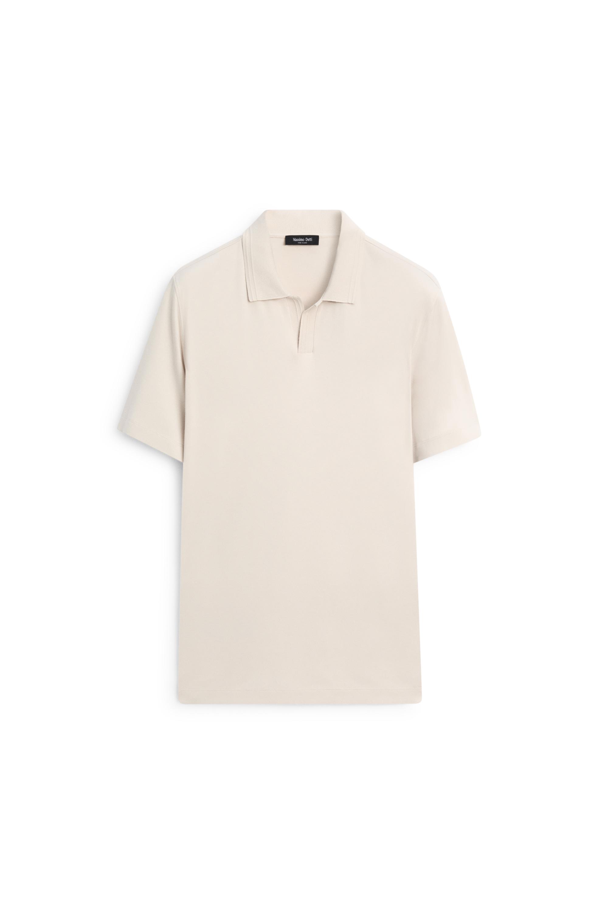 100% cotton V-neck knit polo — STONE