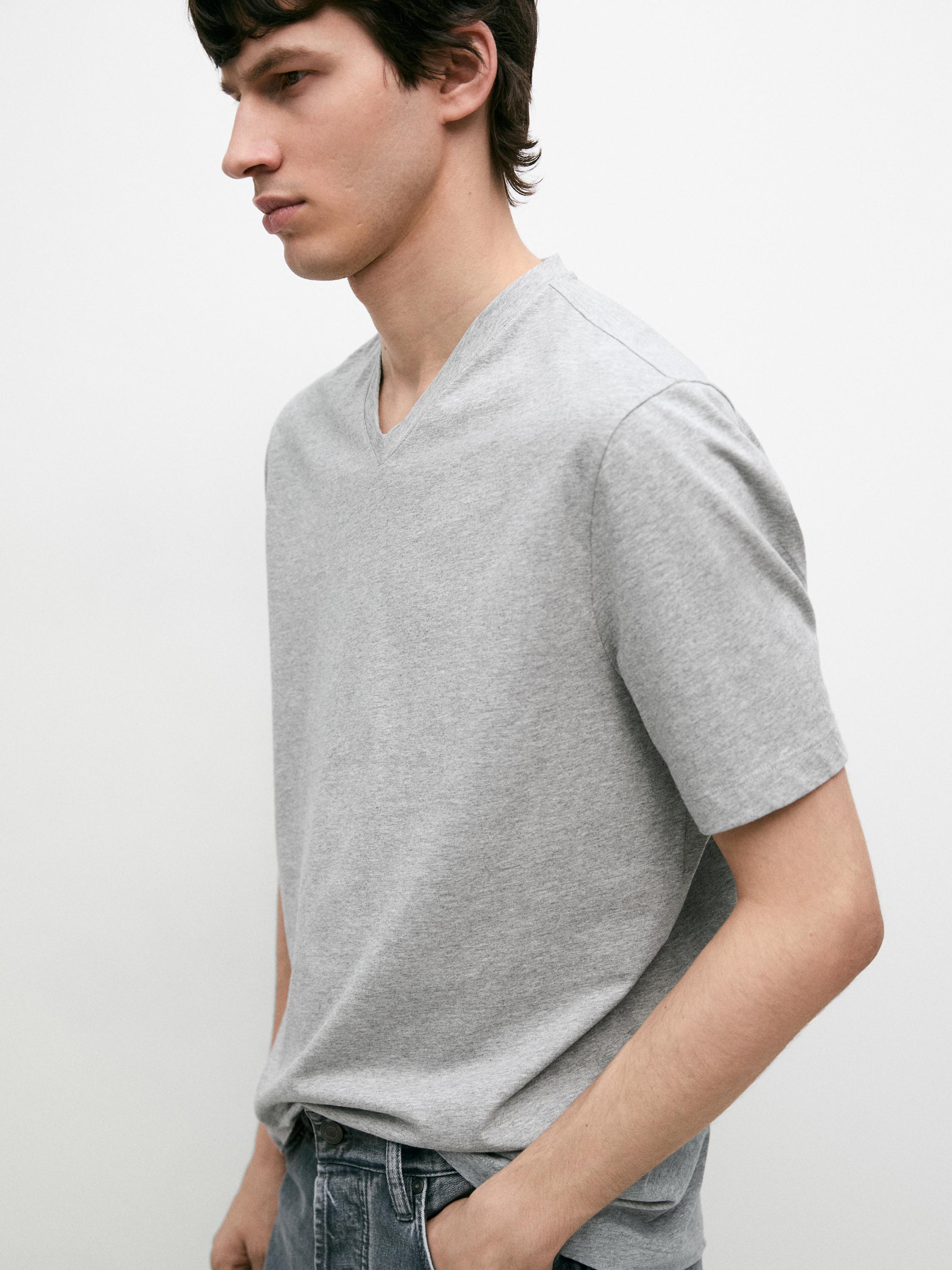 100% cotton V-neck T-shirt — GREY MARL