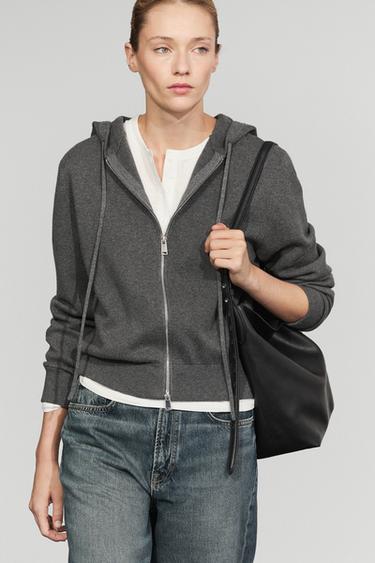 Cotton blend knit hooded cardigan — GREY 3