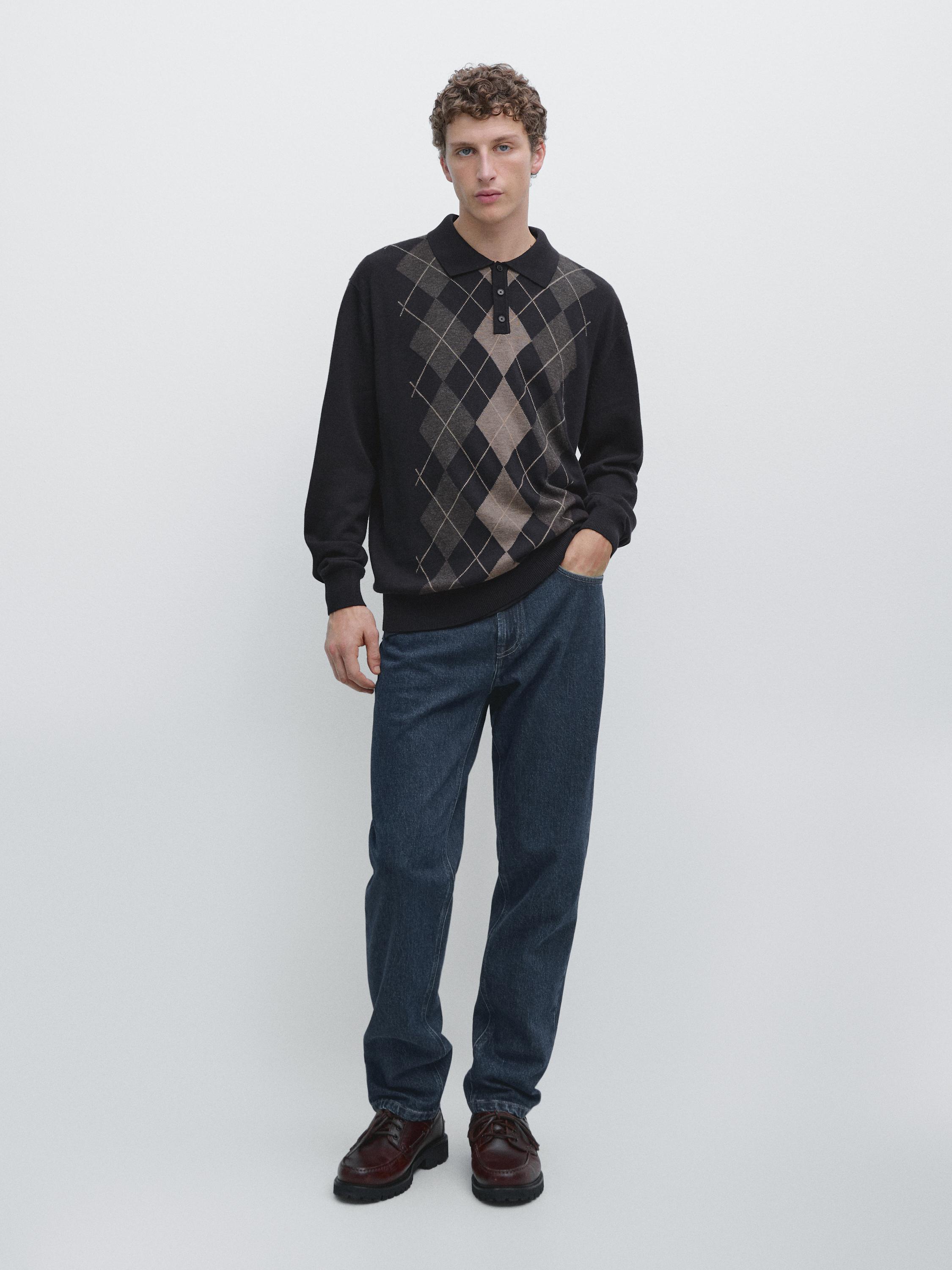 Knit sweater with argyle detailing — NAVY BLUE
