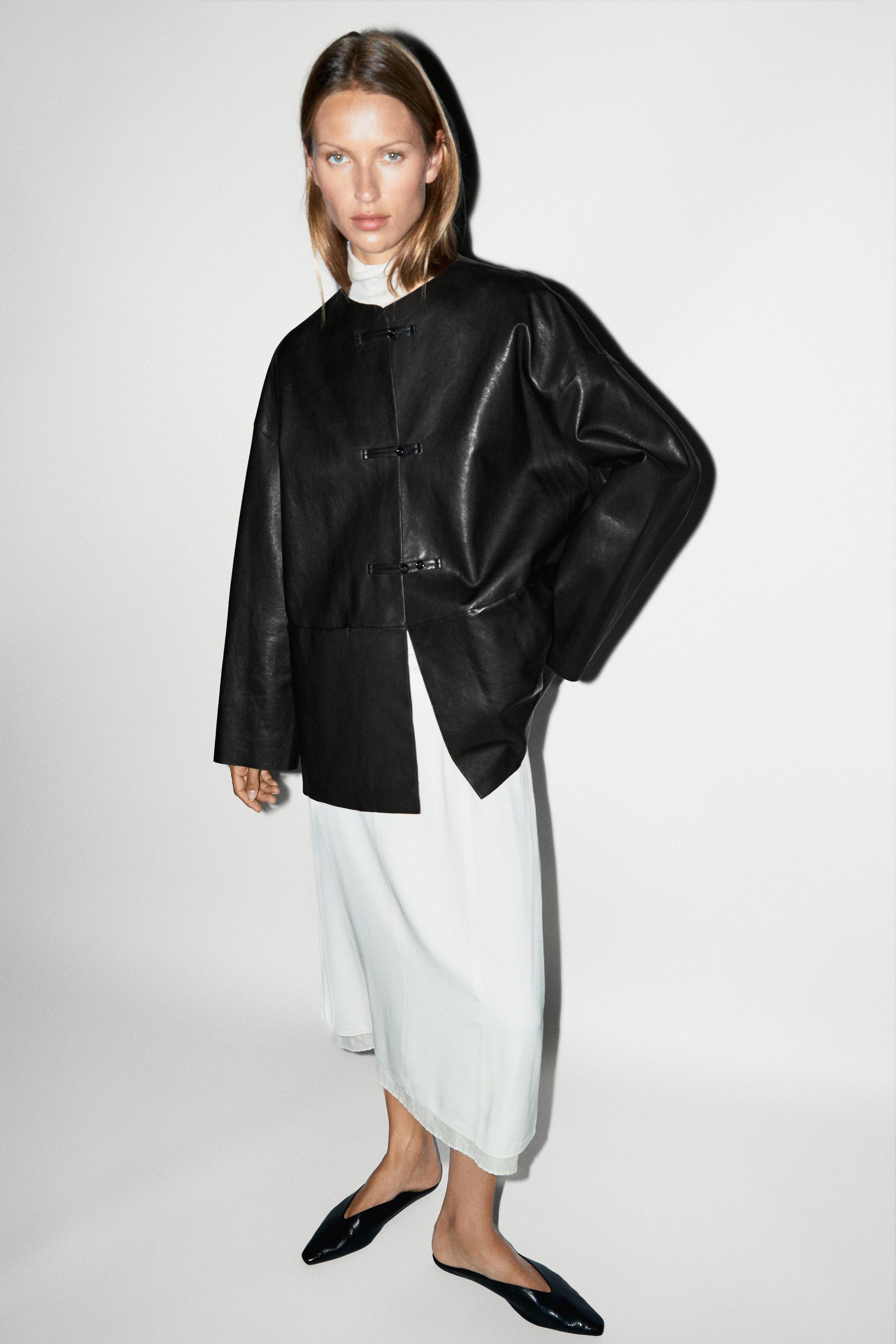 Leather jacket with toggle detail — BLACK