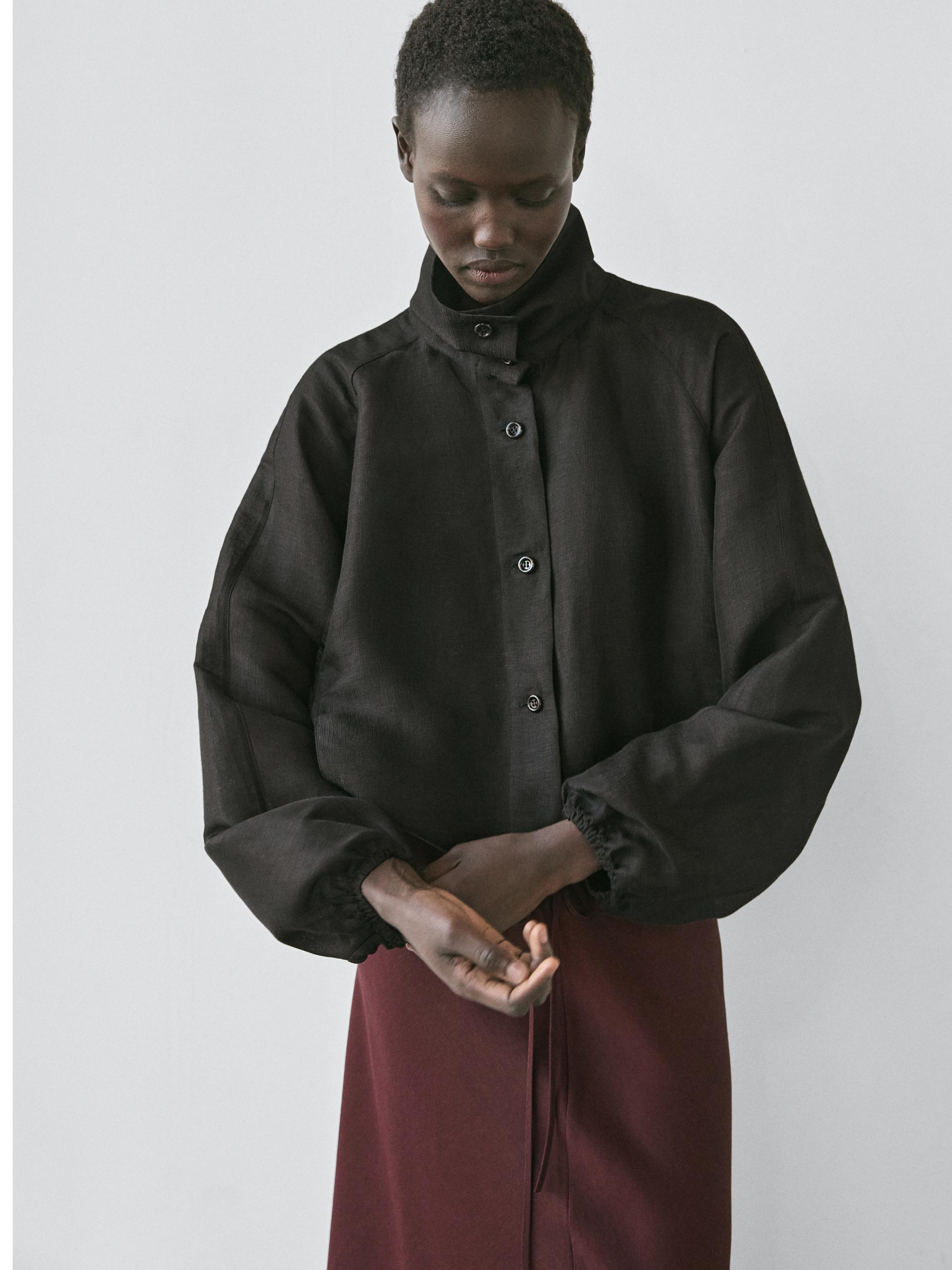 Linen and silk bomber jacket — BLACK