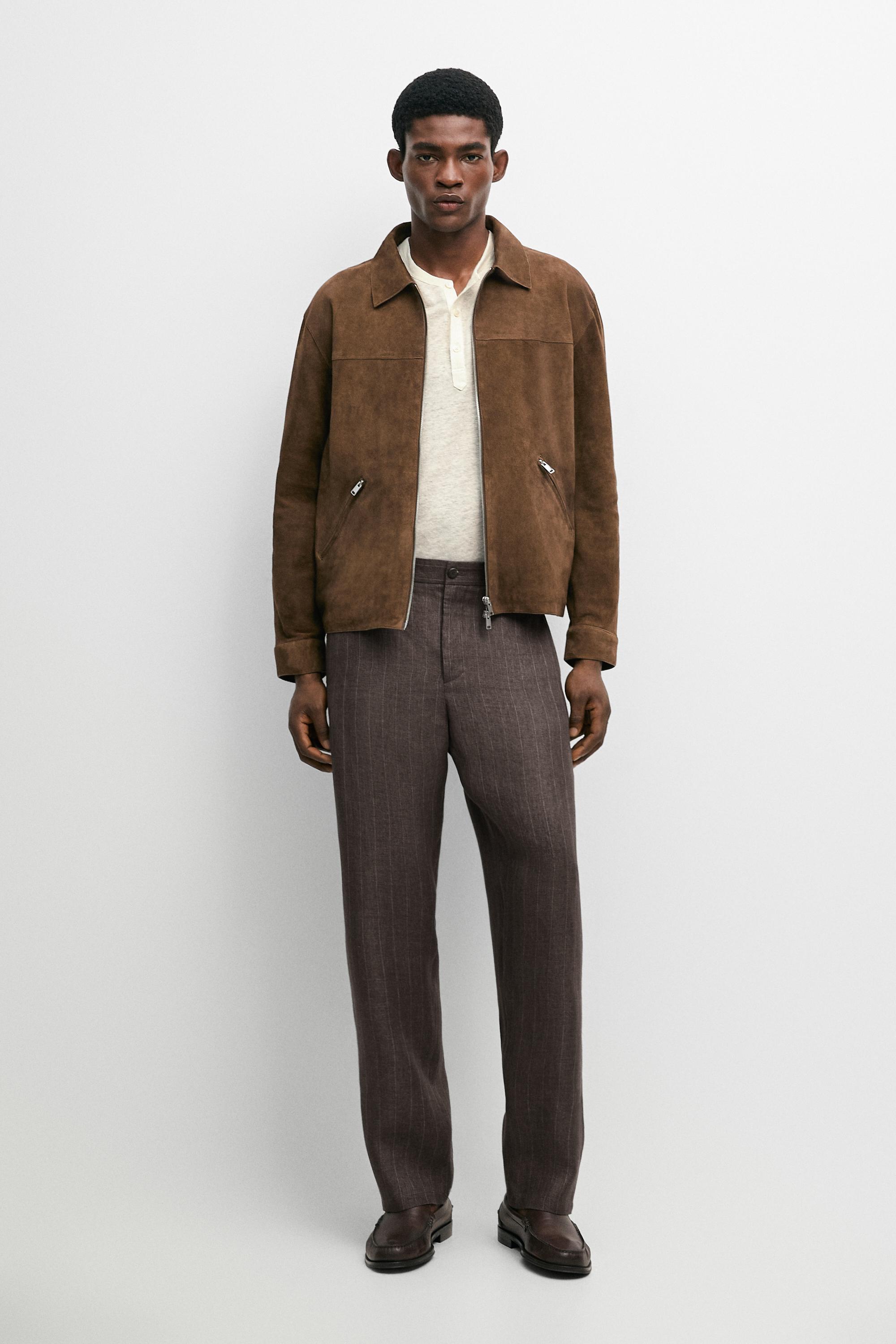 100% linen striped straight-leg pants — BROWN