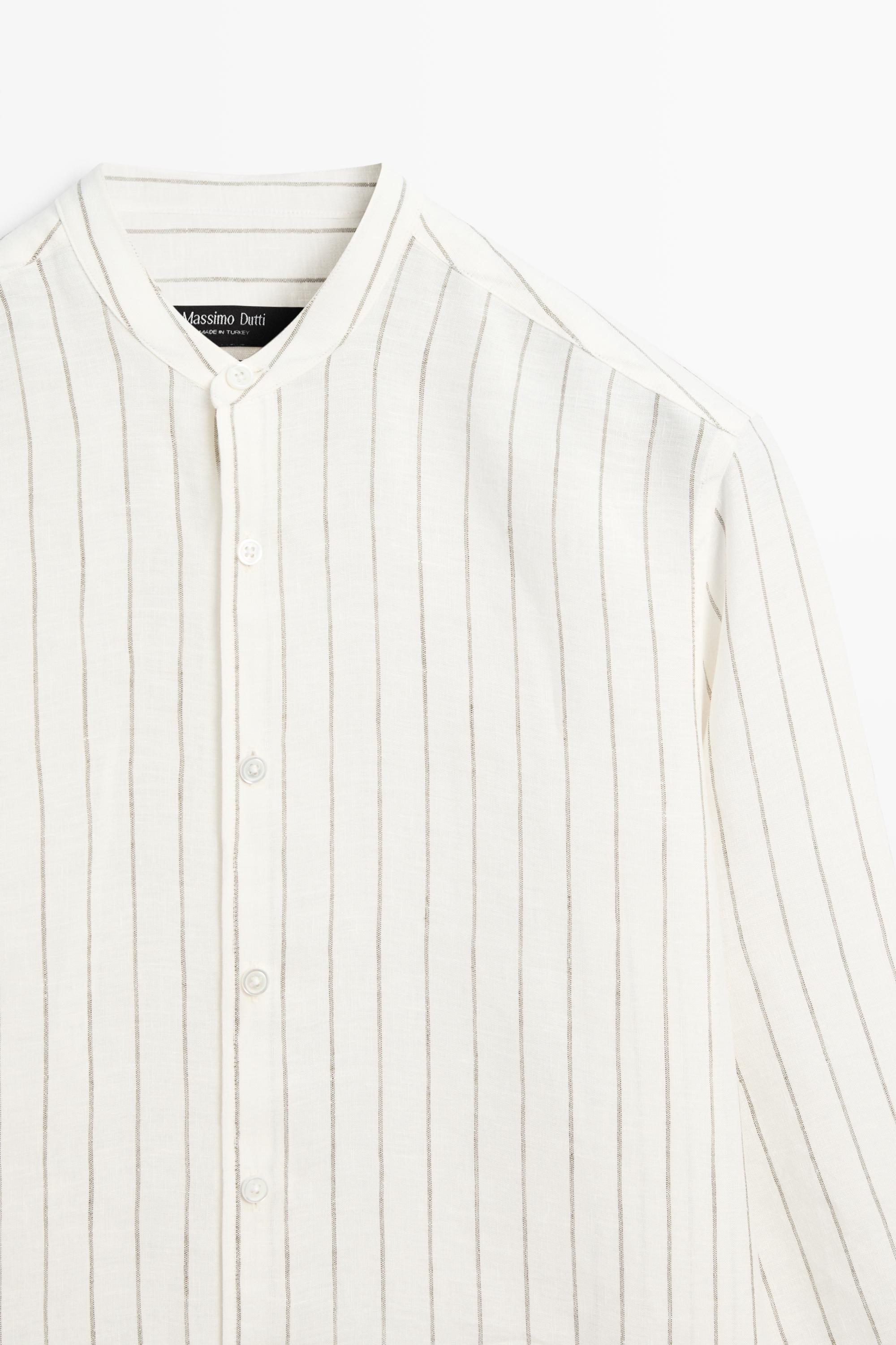 100% linen striped stand collar shirt — SAND