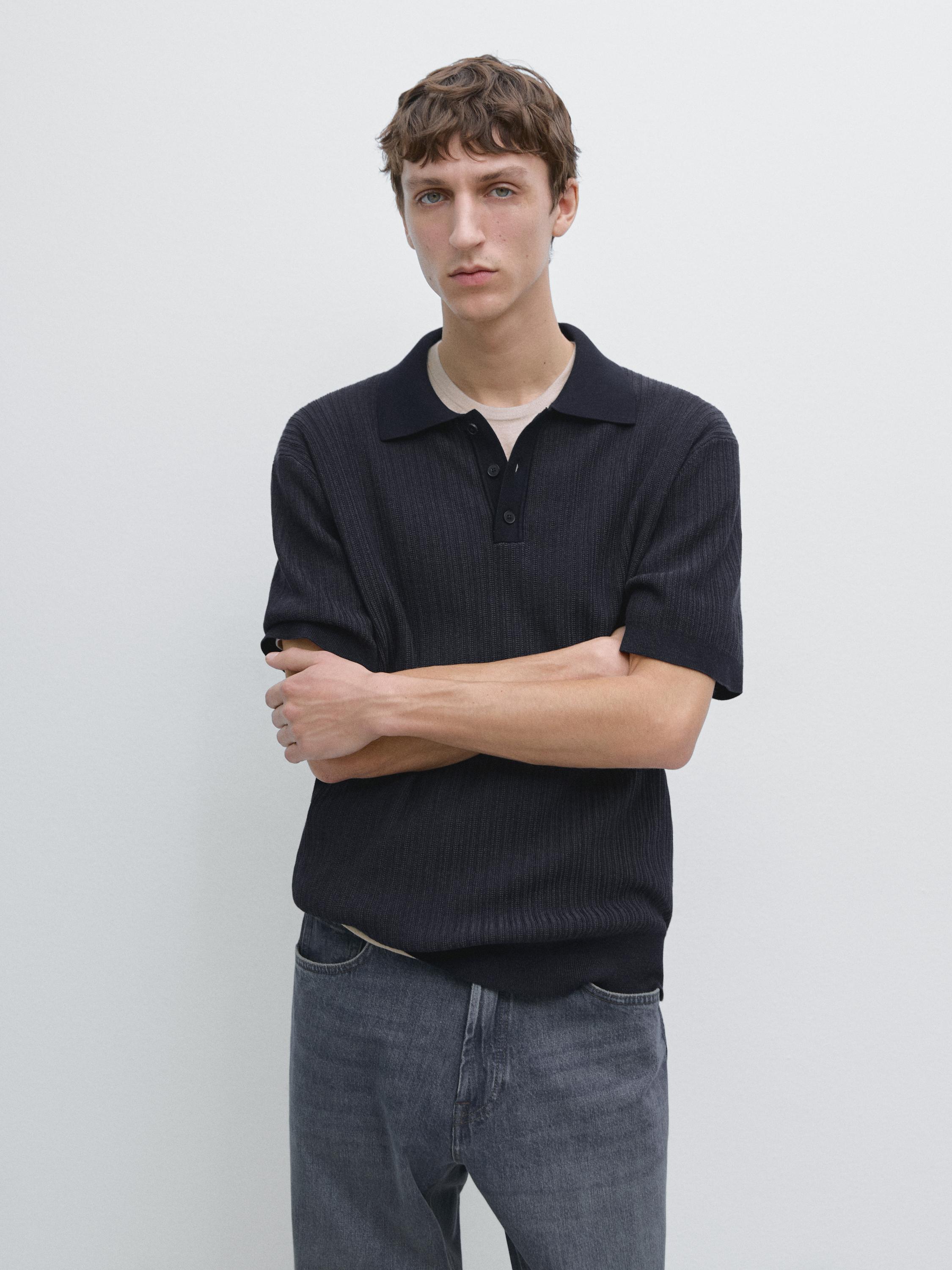 Short sleeve textured knit polo shirt — FADED NAVY
