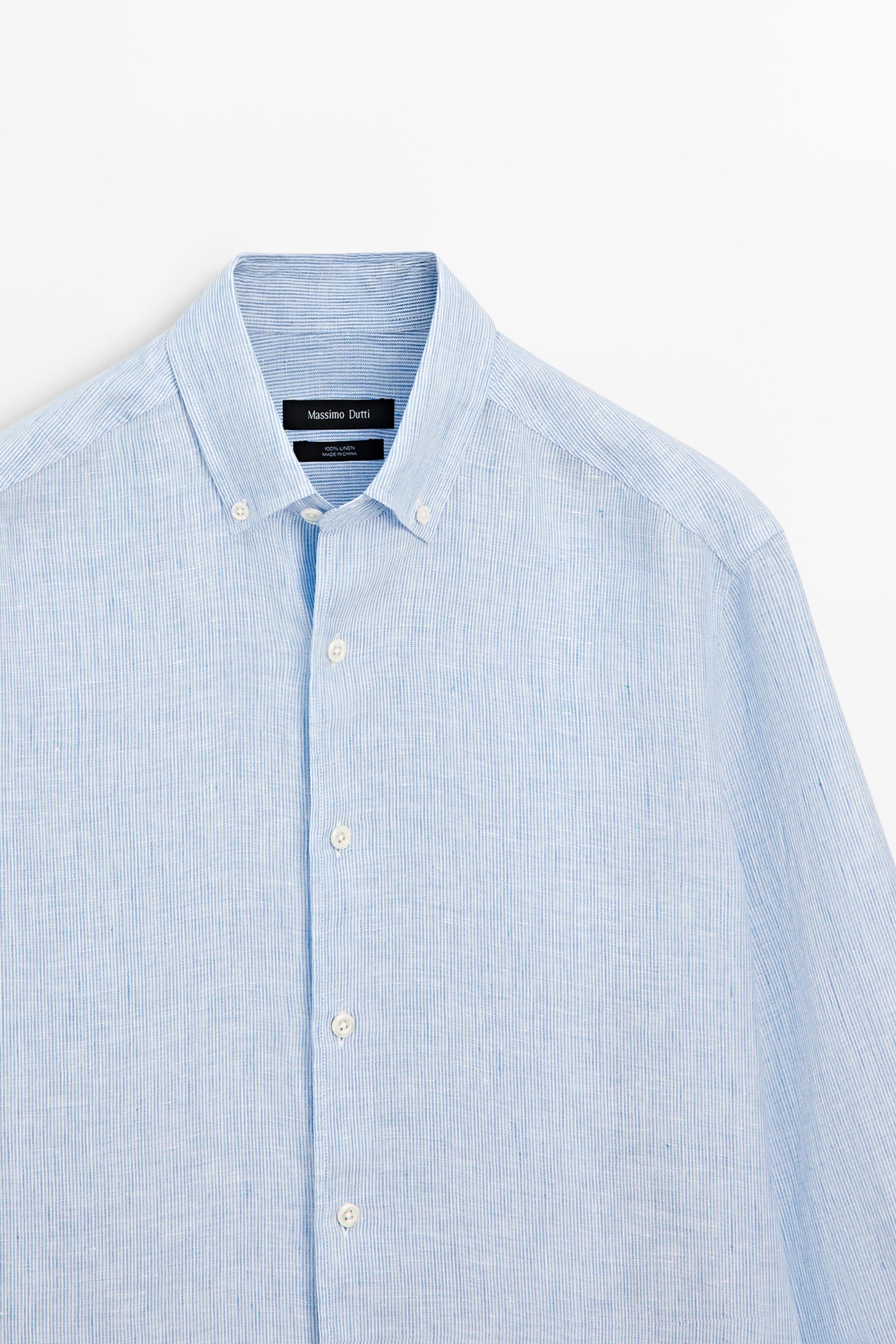 100% linen regular fit pinstriped shirt — SKY BLUE