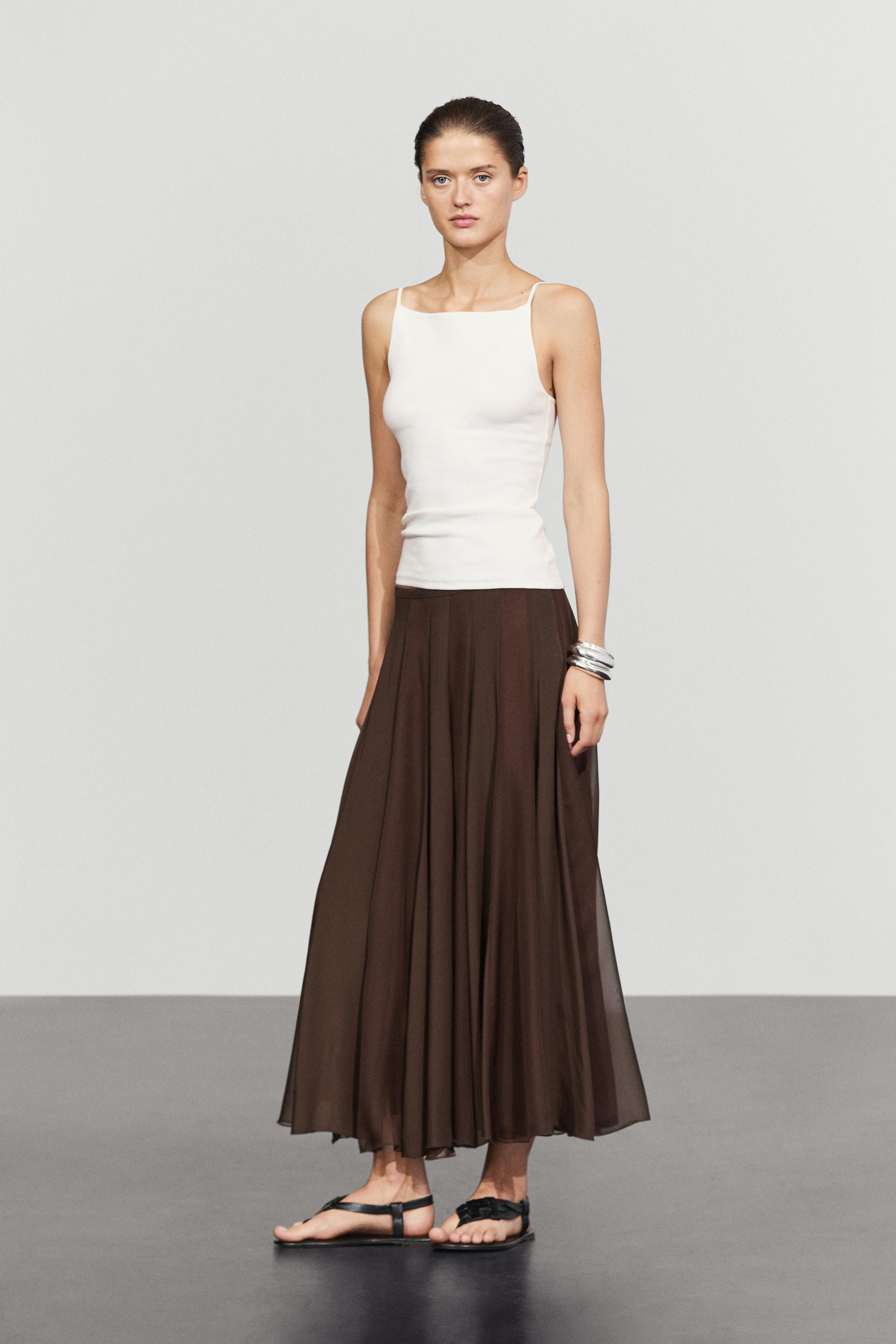 Flowing flared midi skirt — BROWN