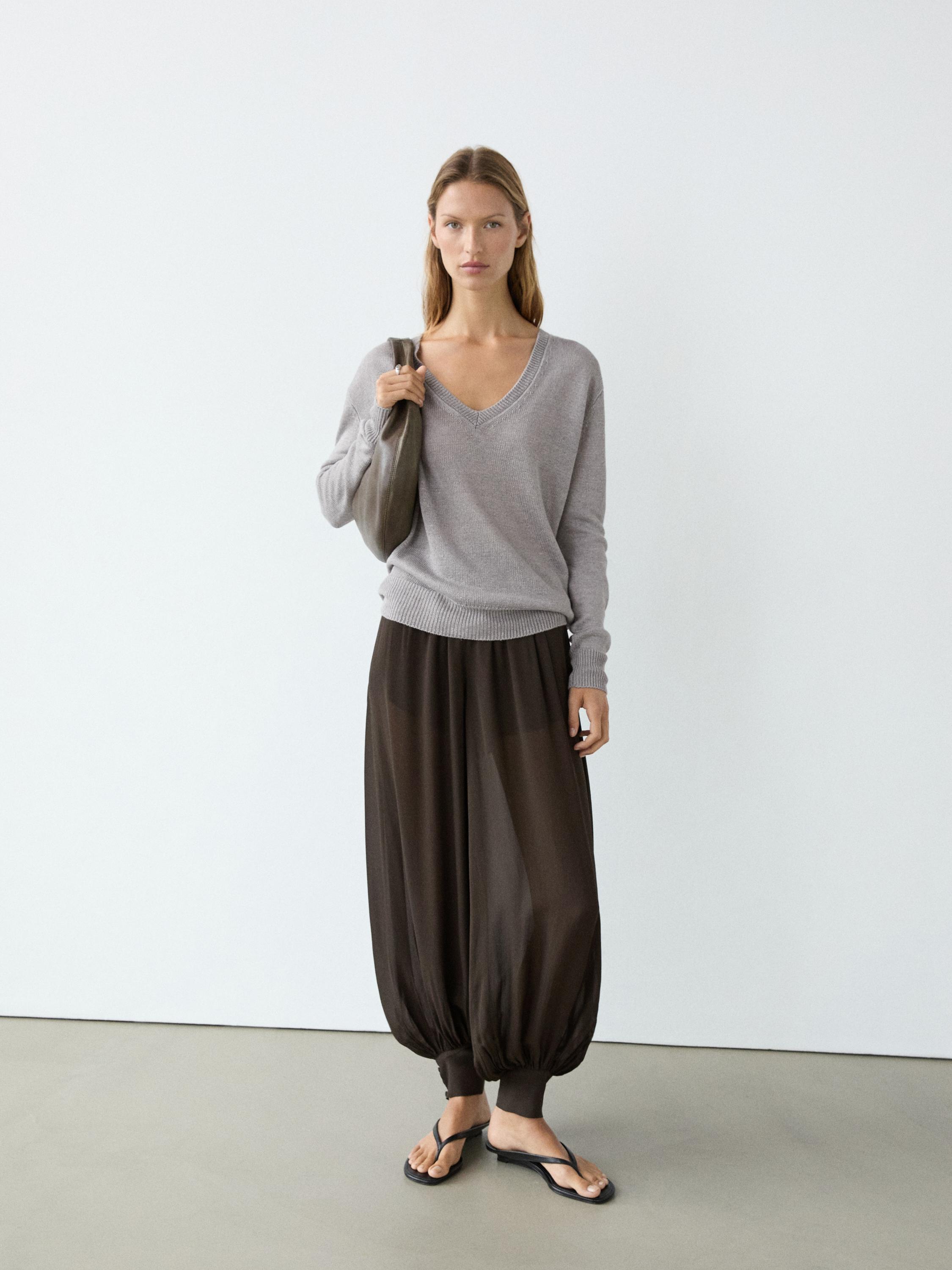 Semi-sheer sarouel trousers with button details — Chocolate