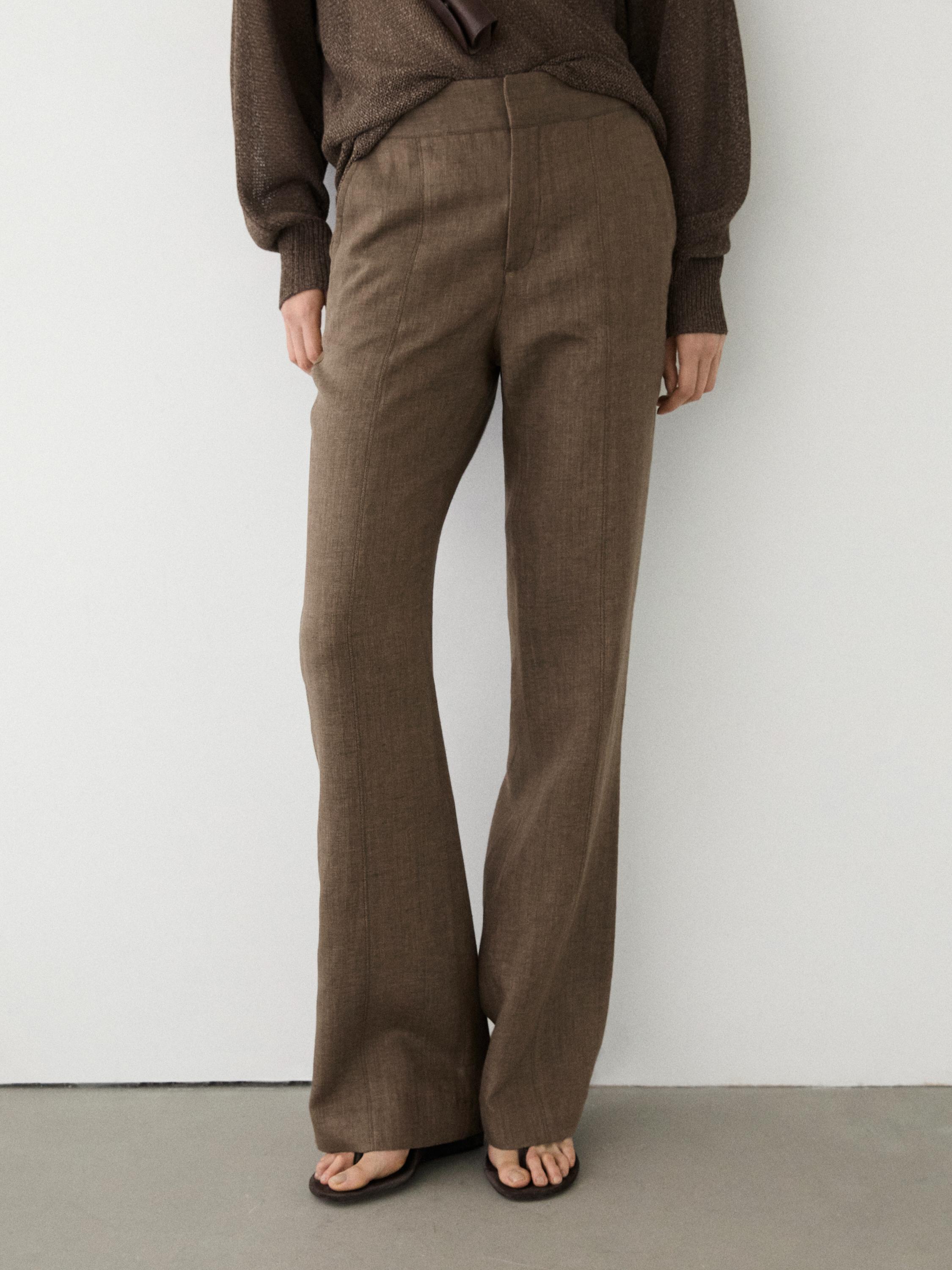 100% linen kick flare trousers — BROWN
