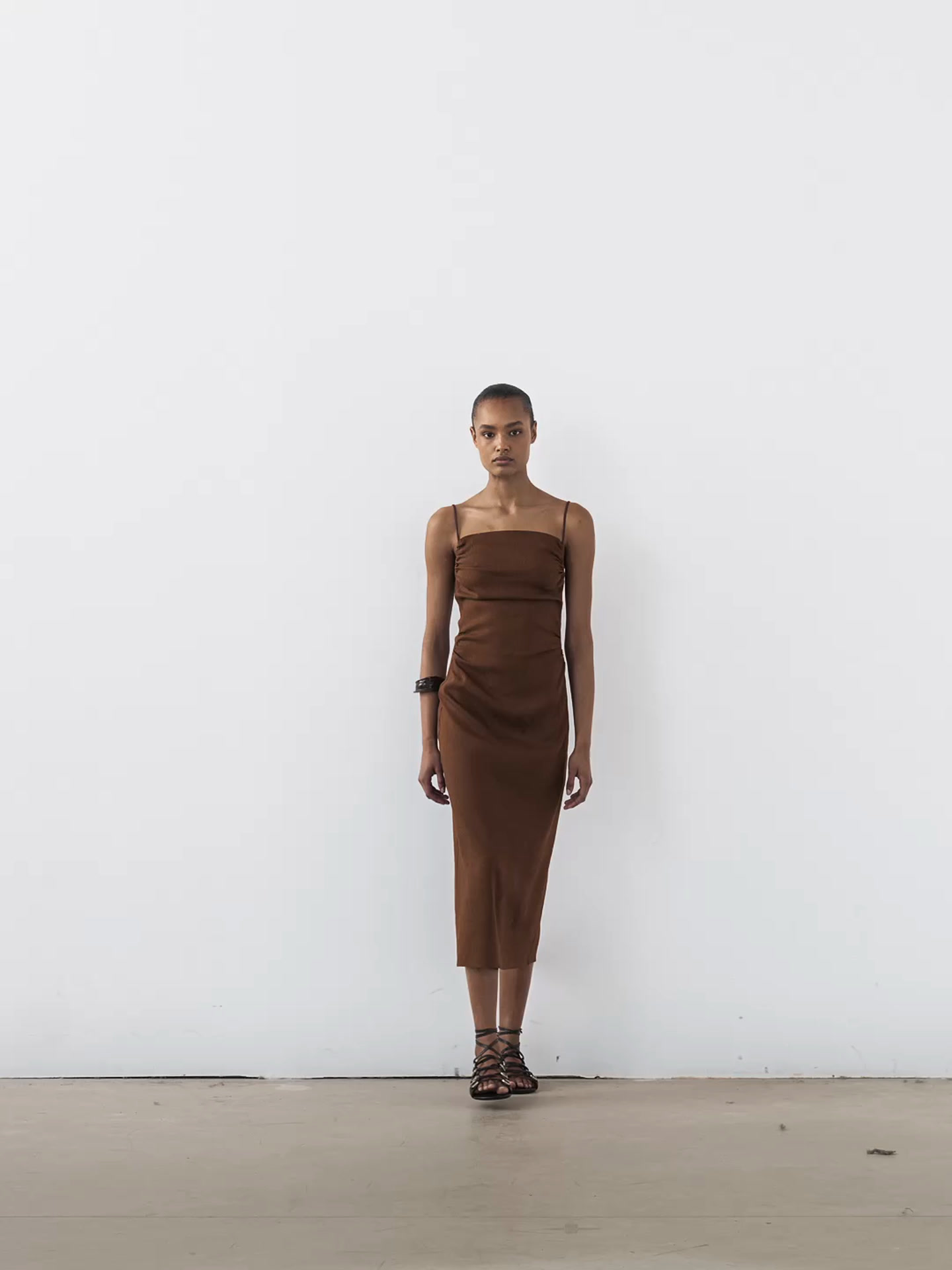 Gathered linen blend midi dress