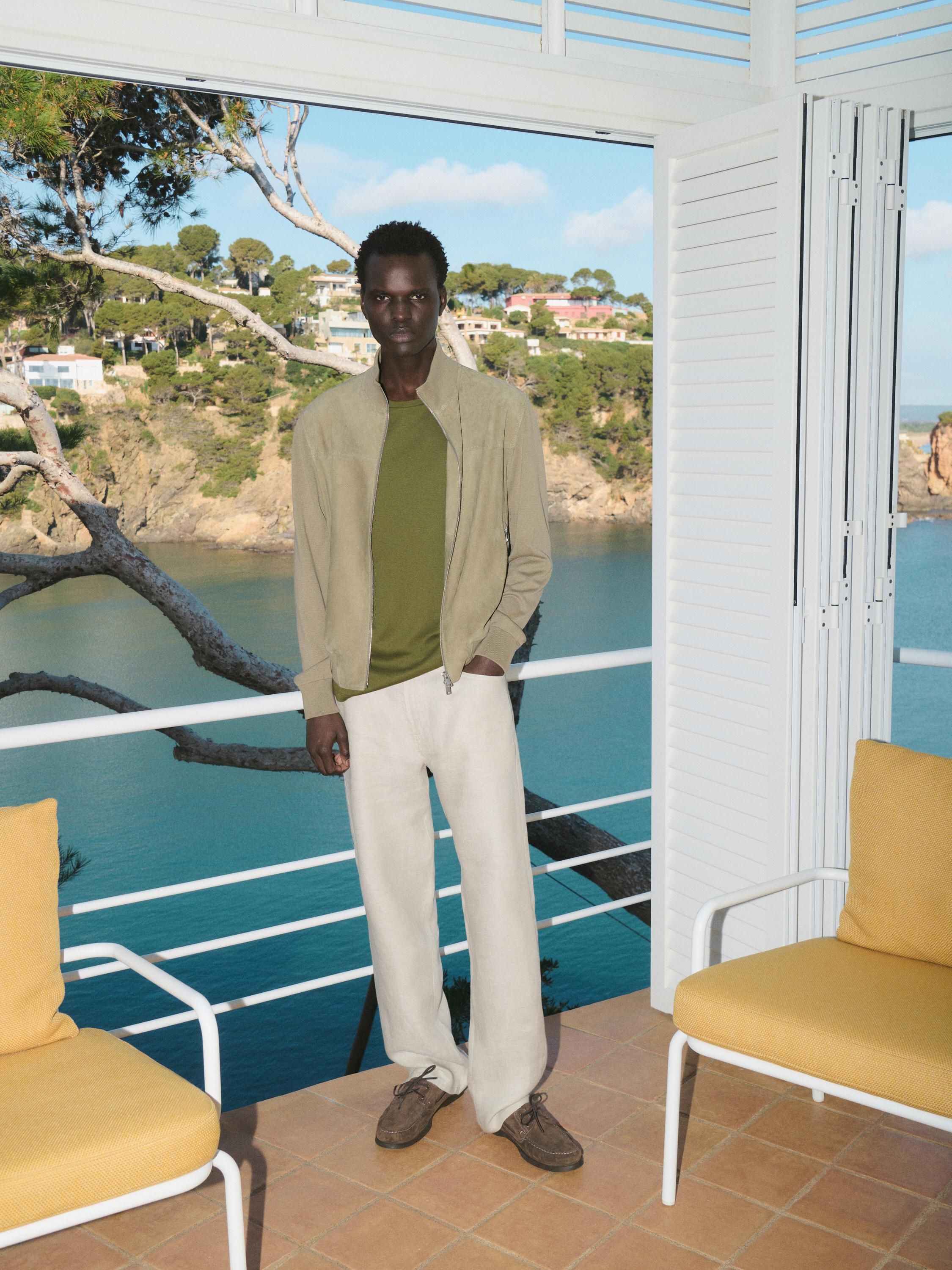 Contrast knit and suede leather jacket — PALE KHAKI