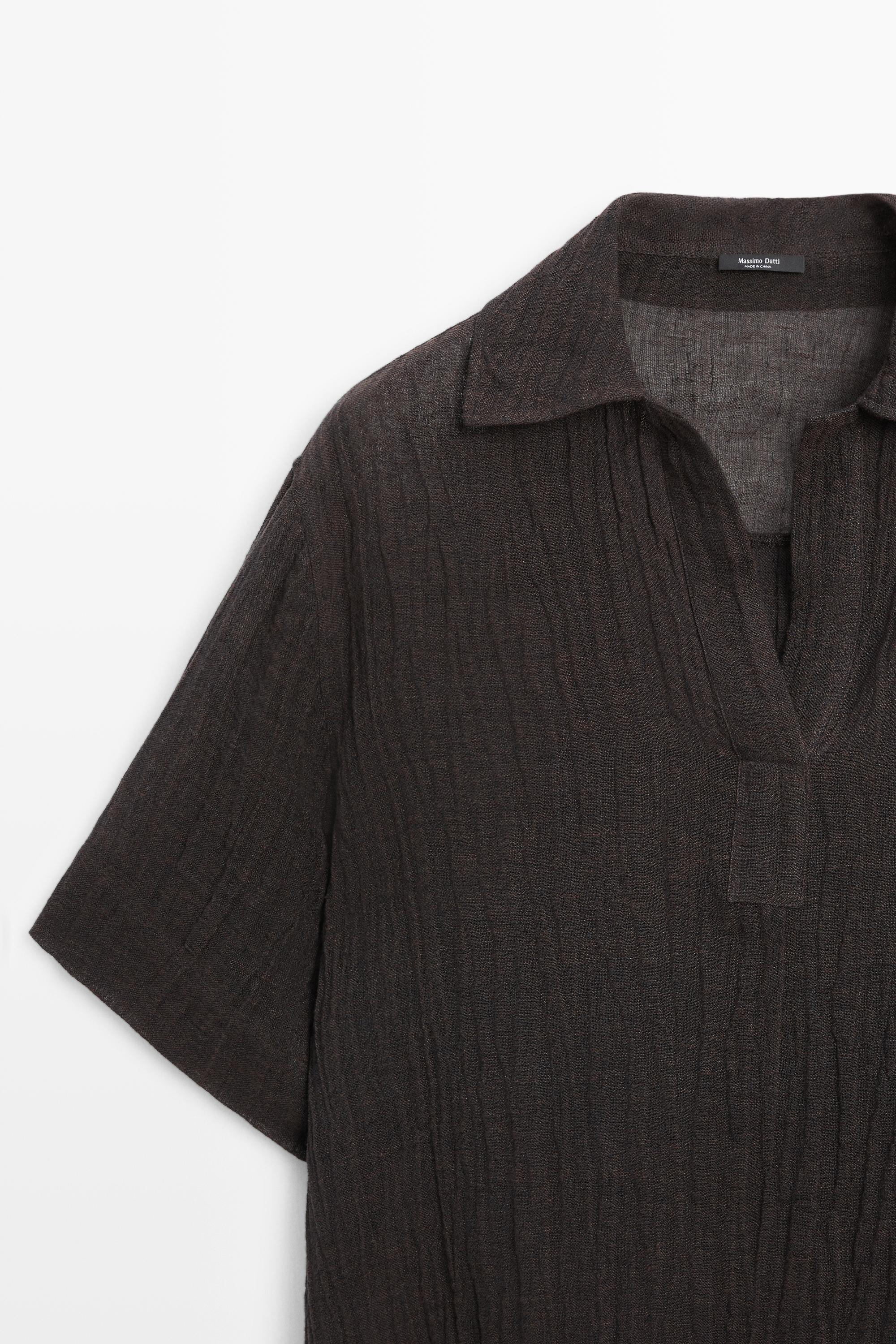 Flowing linen blend polo blouse — BROWN