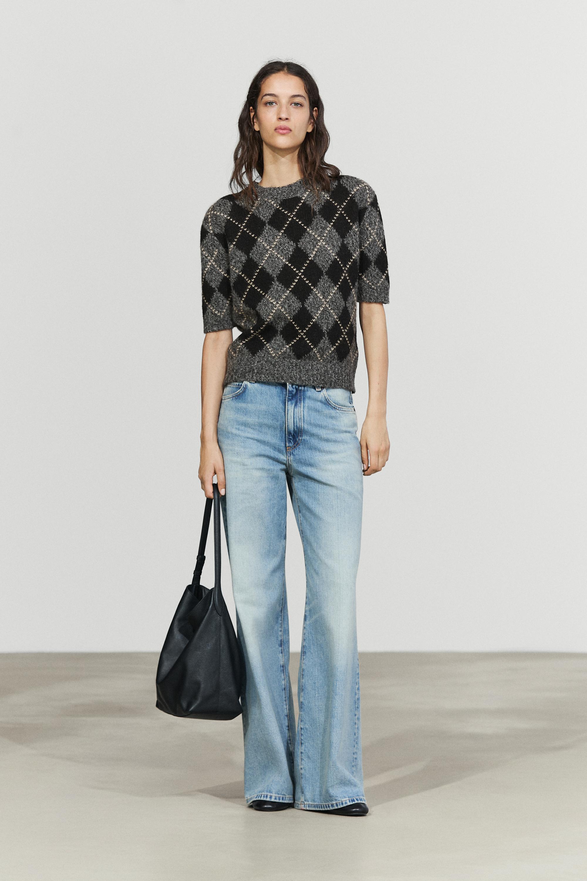 Cashmere-blend short sleeve argyle knit sweater — GREY