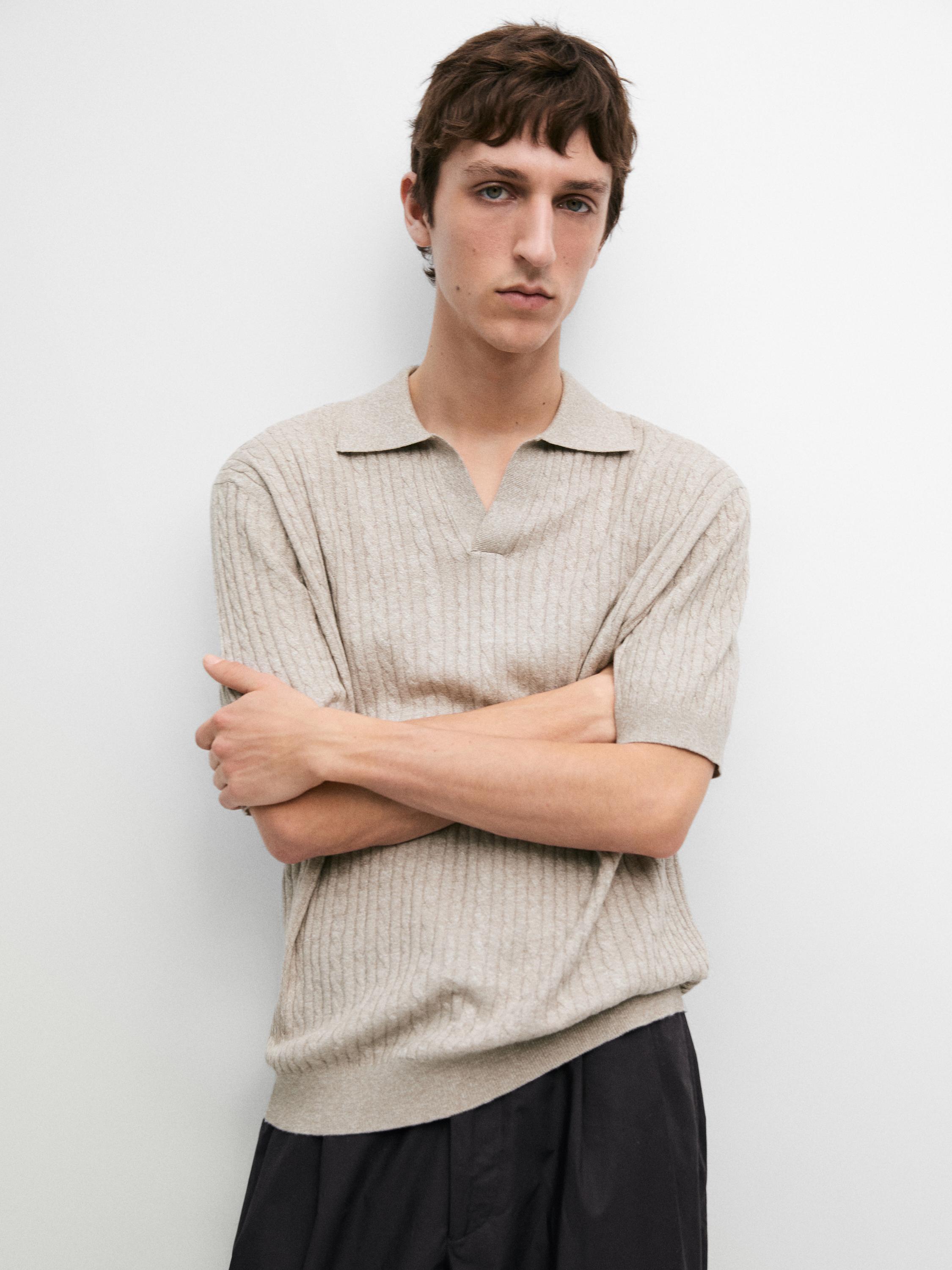 Short sleeve knit polo shirt with cable-knit detail — MINK