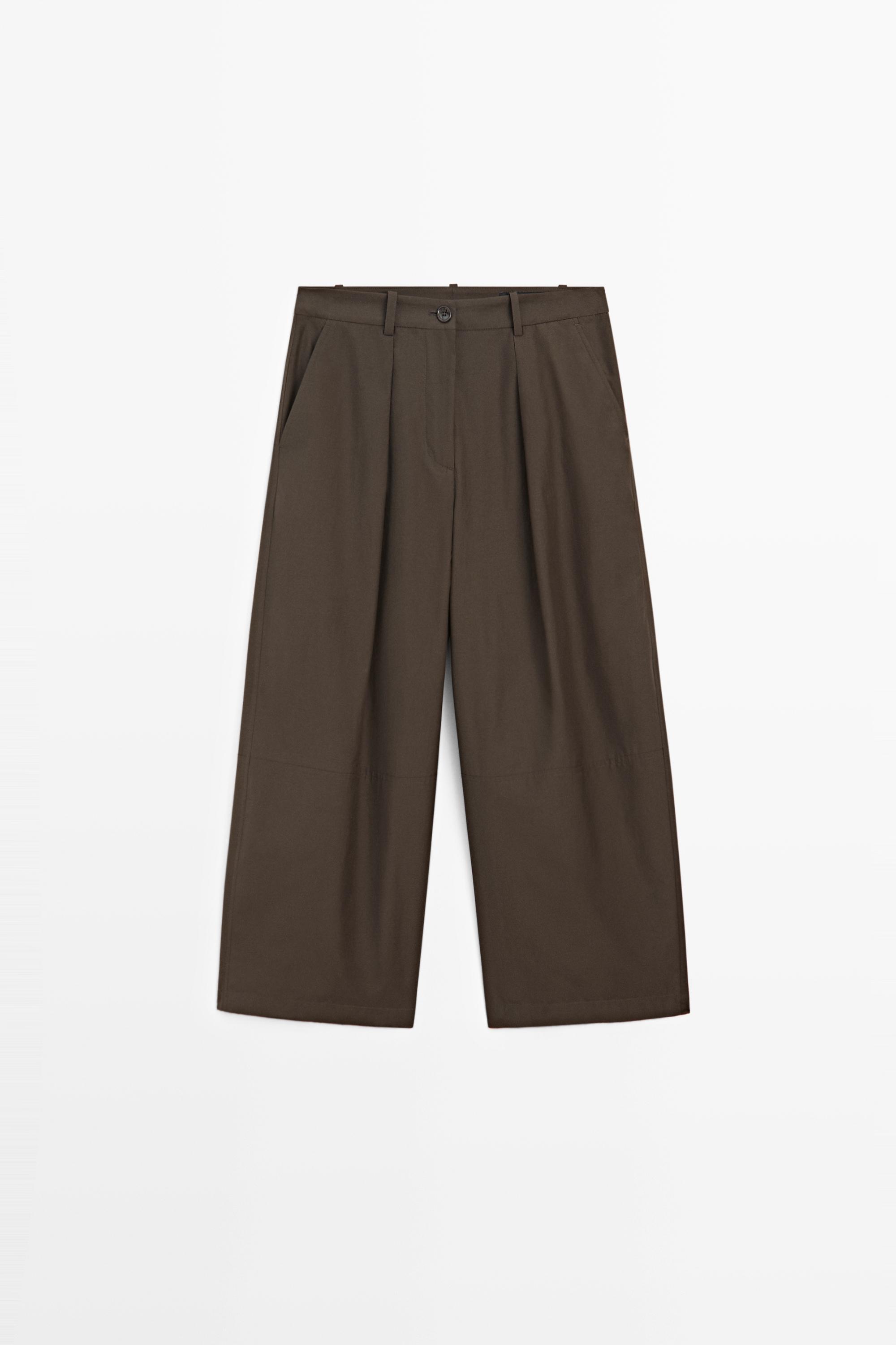 Cotton blend poplin wide-leg pants — KHAKI