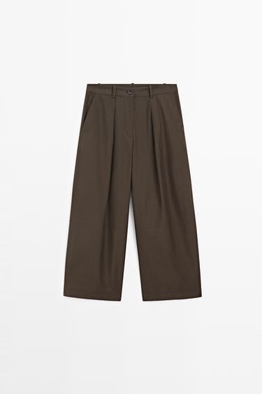 Cotton blend poplin wide-leg pants — KHAKI 2