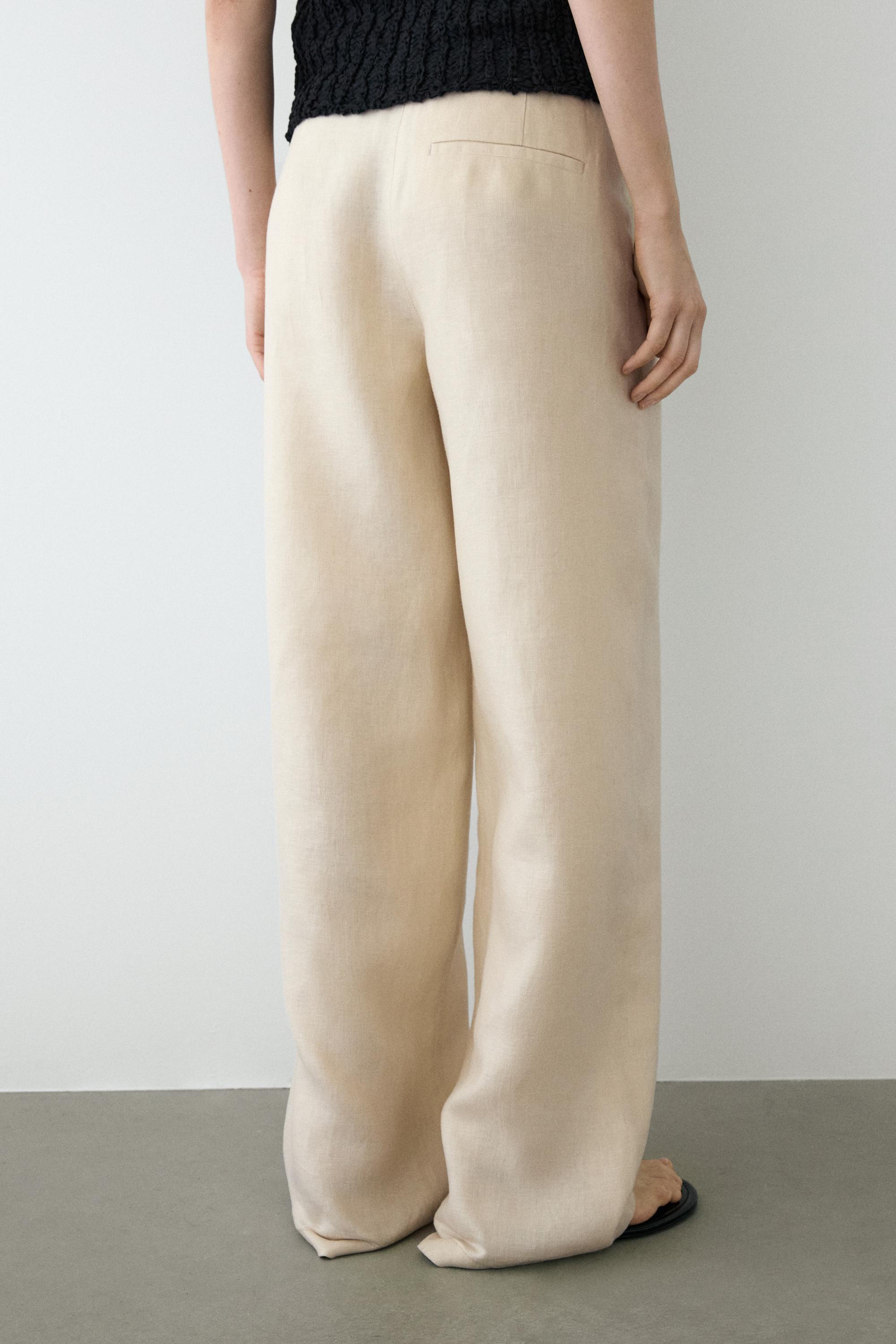 100% linen wide-leg elasticated trousers — SAND