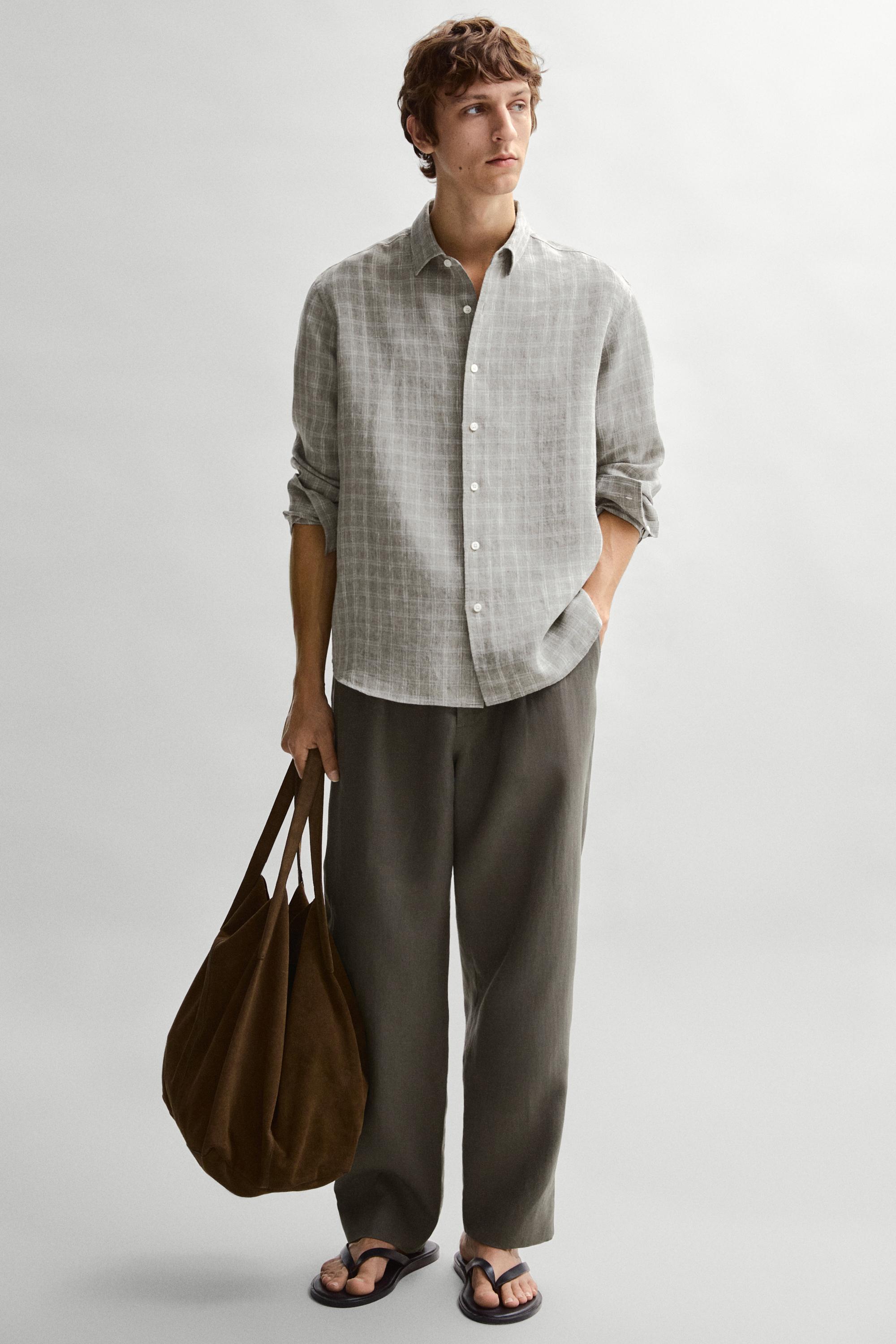 100% linen check shirt — GREY