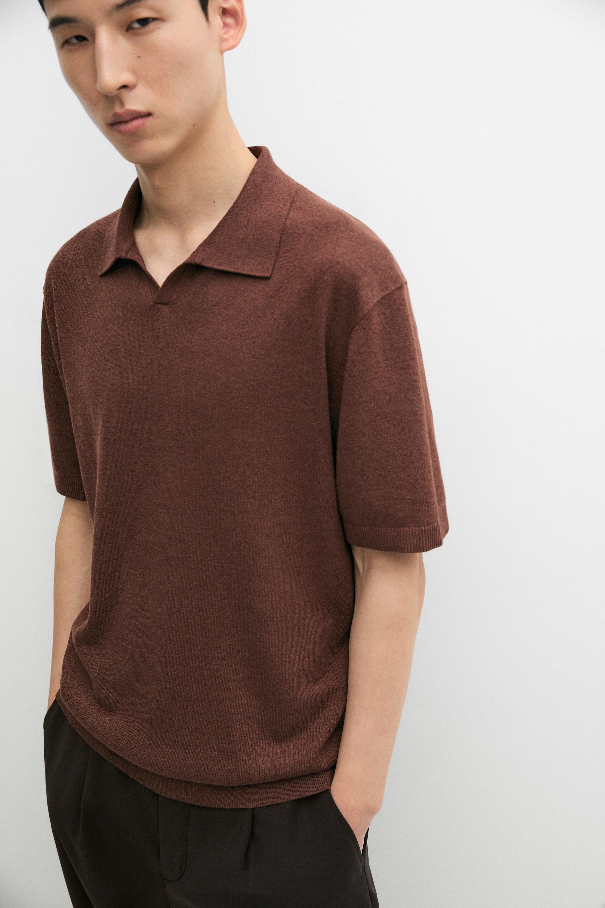 Linen blend knit polo sweater — TERRA COTA