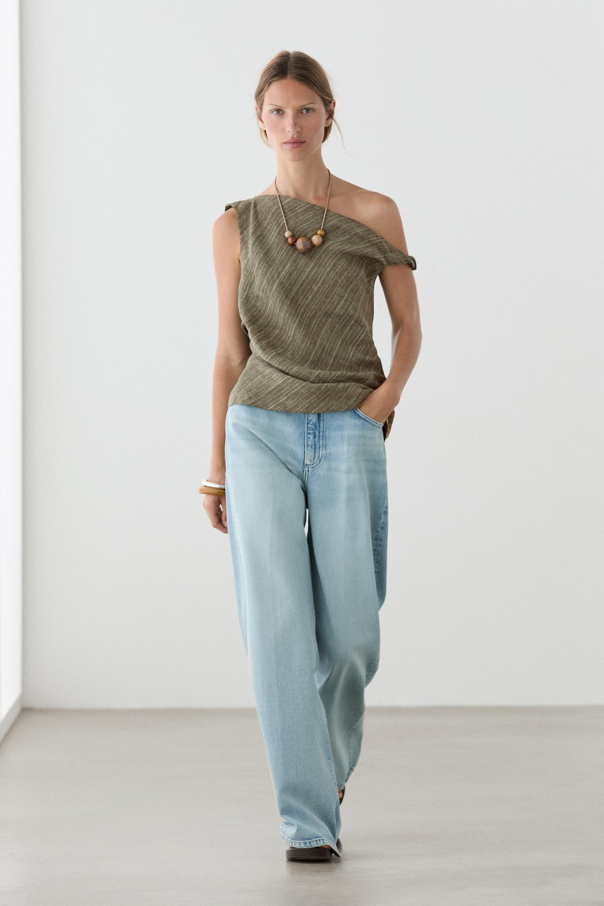 Total look 100% linen asymmetric top — DARK KHAKI