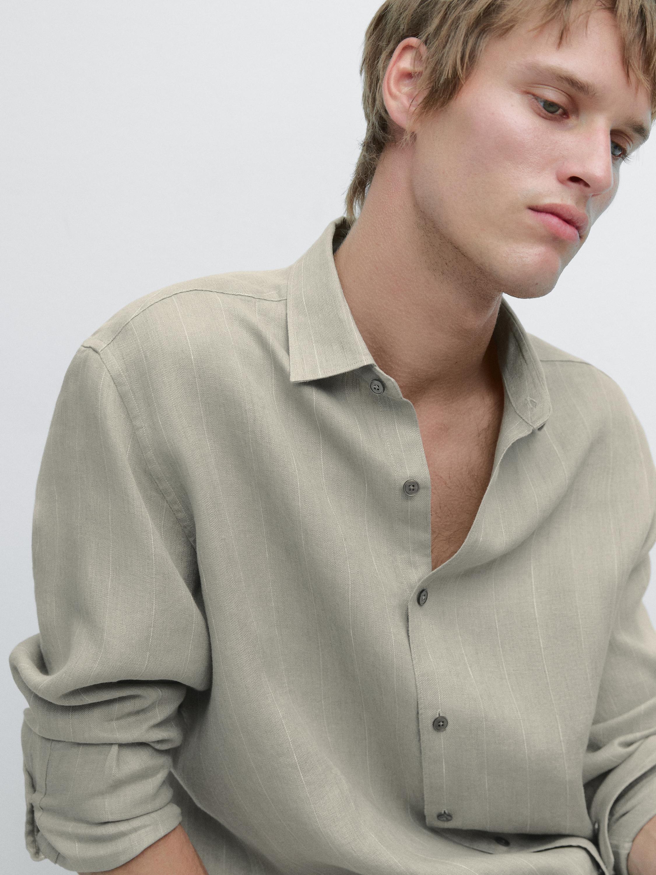 100% linen regular fit striped shirt — PALE GREEN