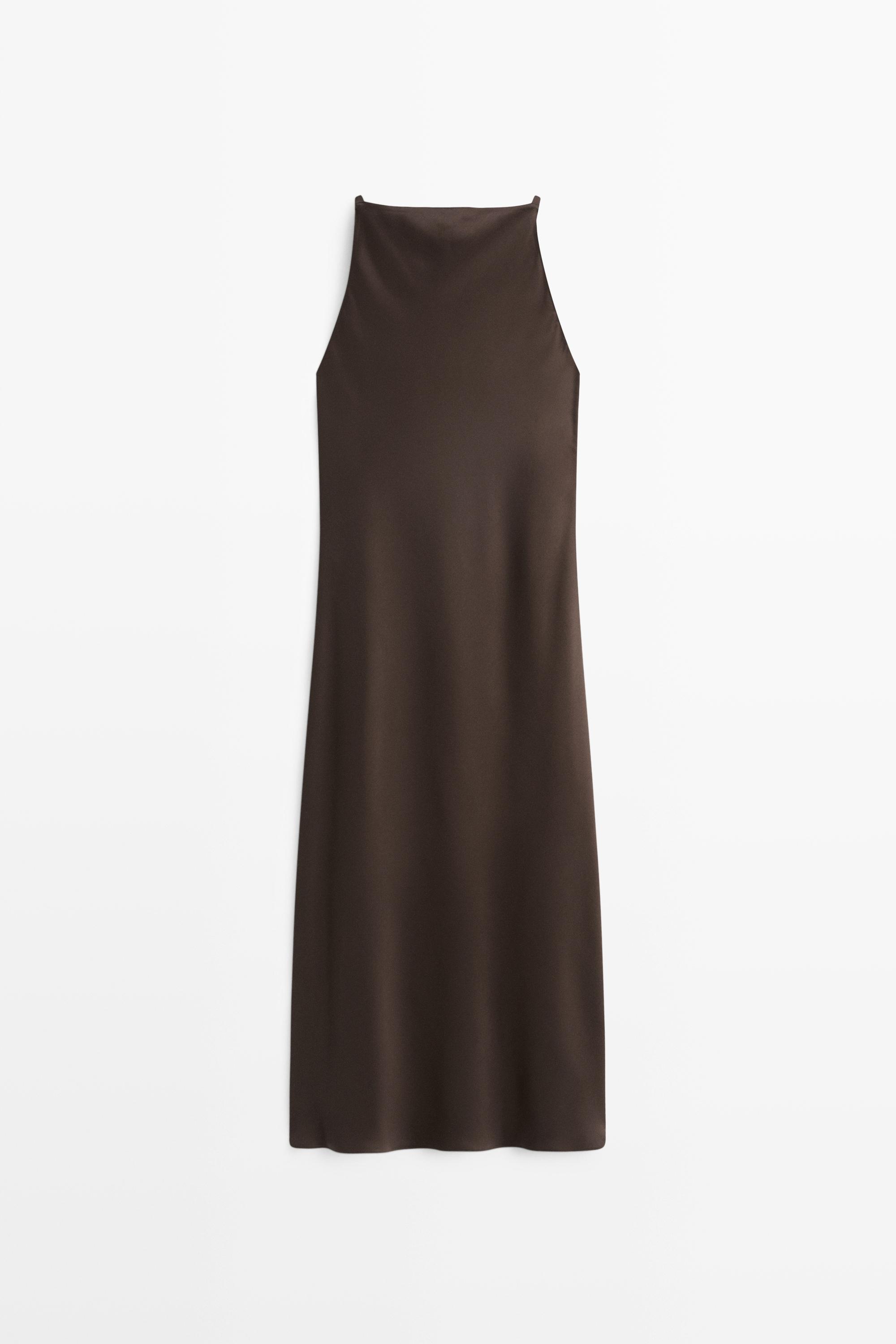 Satin flowing midi dress — BROWN
