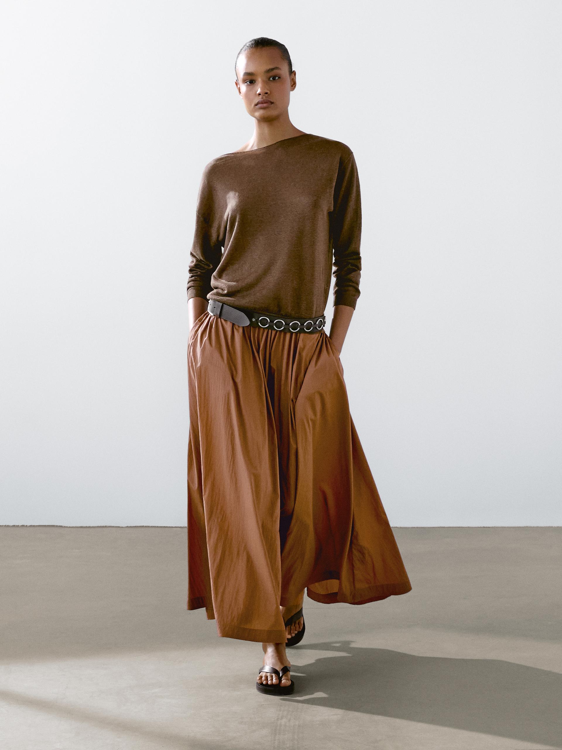 Lniany Sweter Z Dekoltem Łódką - Czekoladowy - Xs - Massimo Dutti - Kobieta