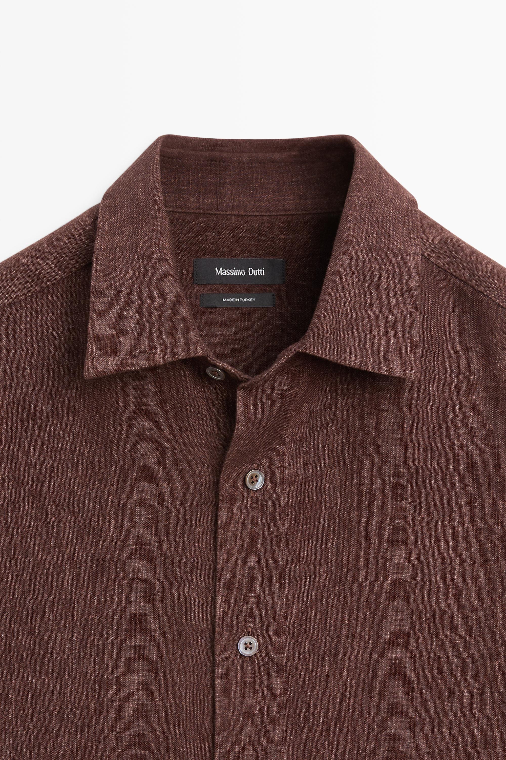 100% linen regular fit shirt with button detail — BROWN