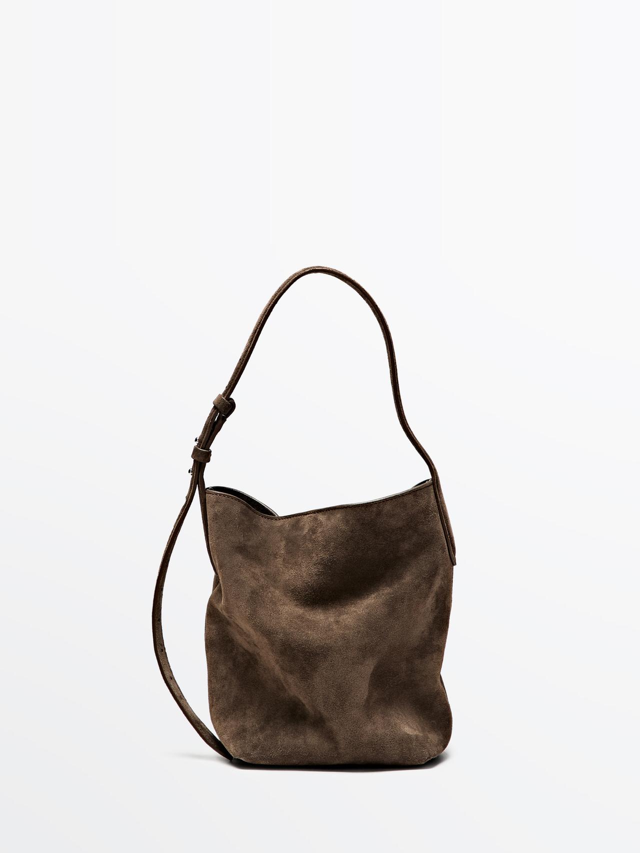 Split leather and leather mini bucket bag — MOLE BROWN