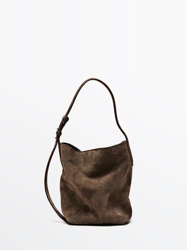 Split leather and leather mini bucket bag — MOLE BROWN 2