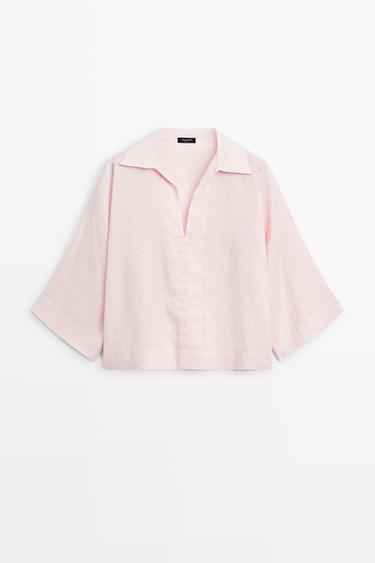 100% linen polo collar shirt — PALE PINK 2