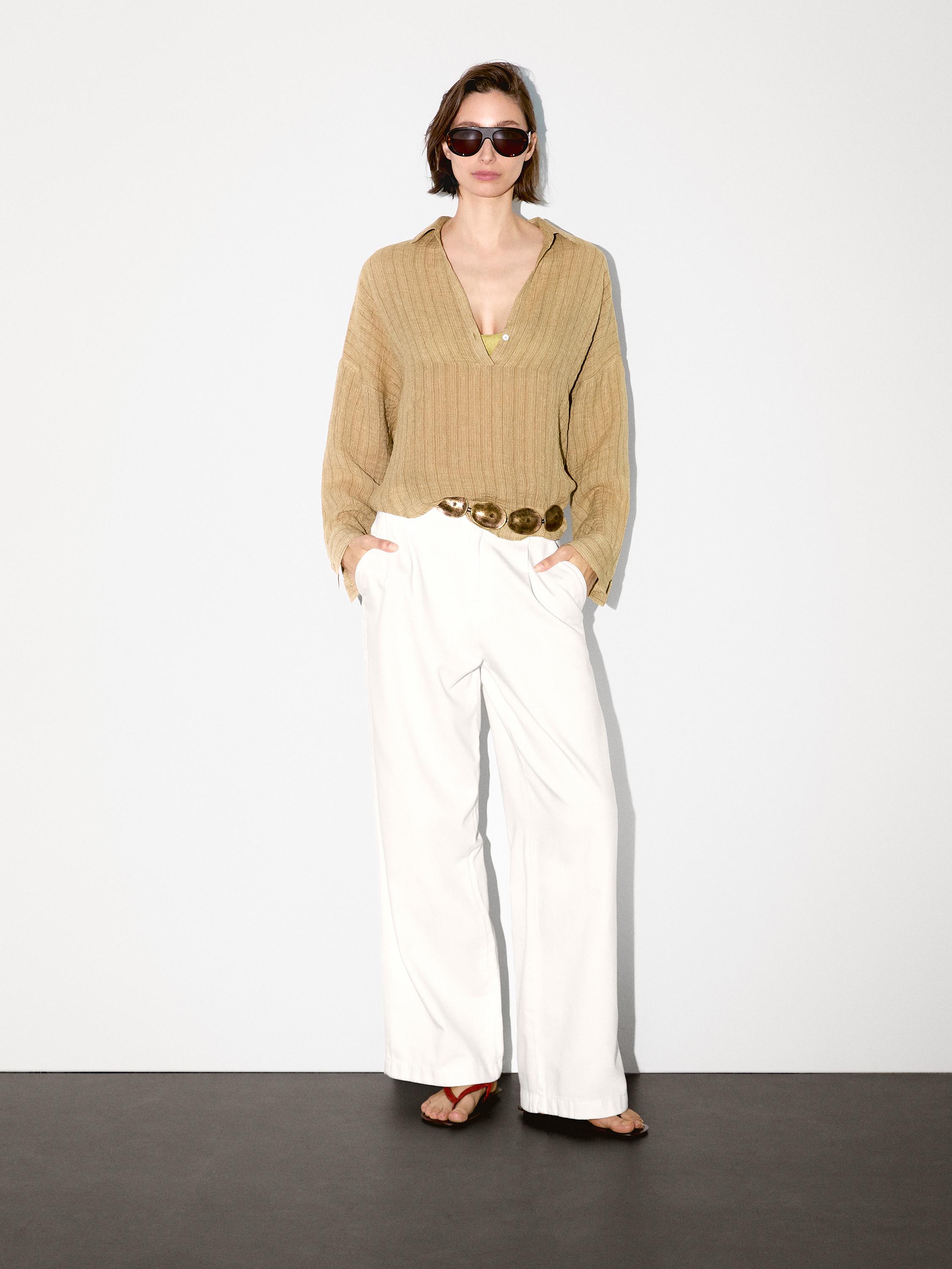 Linen blend open polo collar blouse