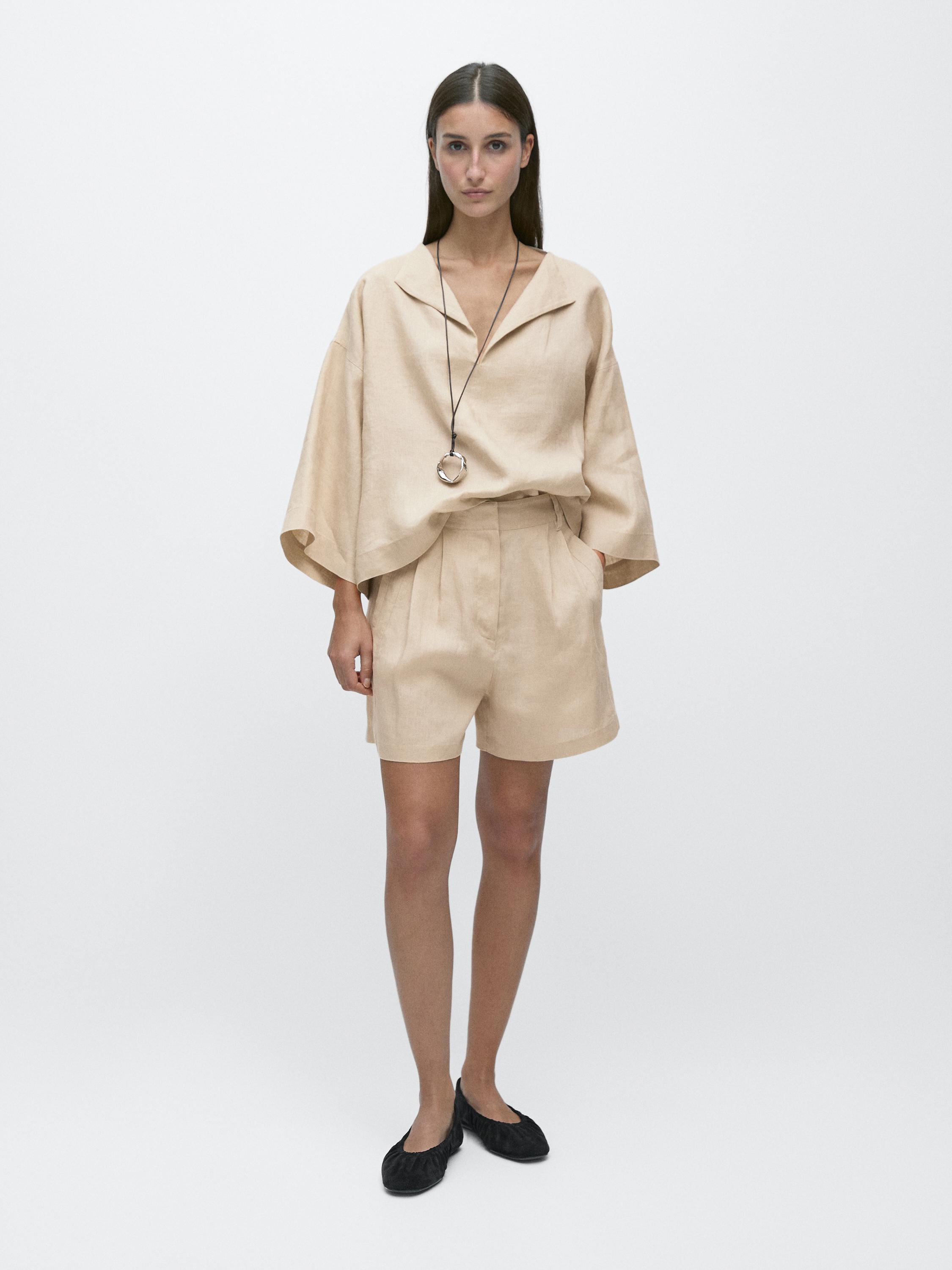 100% linen long Bermuda shorts with darts — SAND