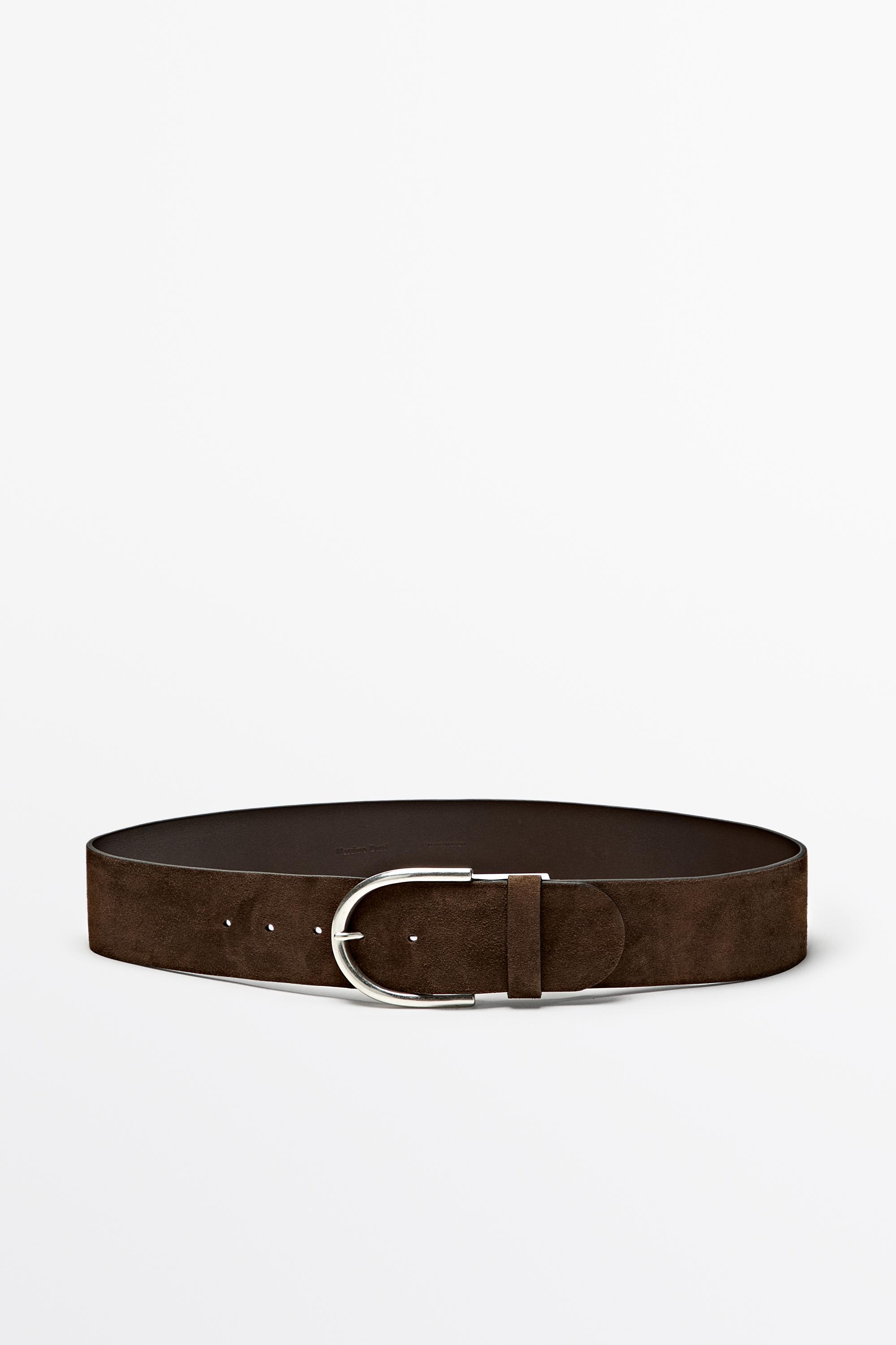 Split suede leather belt with metallic buckle — KHAKI